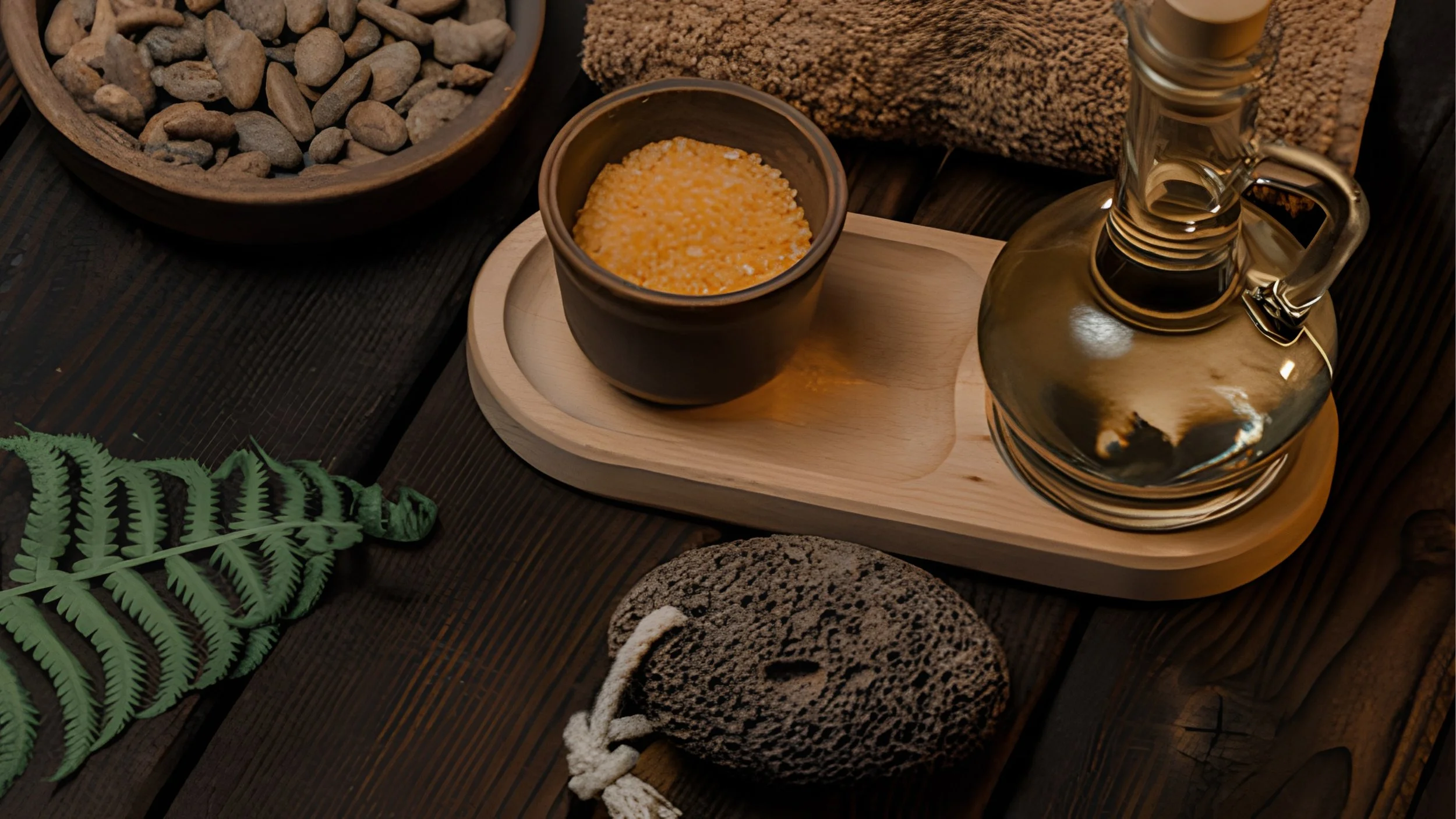 A dark pumice stone on a rope loop rests on a wooden table beside a fern, a small bowl of orange bath salts, a glass bottle of oil and a folded brown towel.