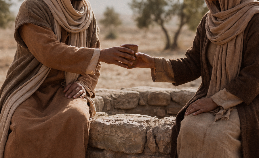 Two figures in biblical-era robes seated at a stone well, one handing a cup to the other, depicting the woman at the well encountering Jesus in John 4