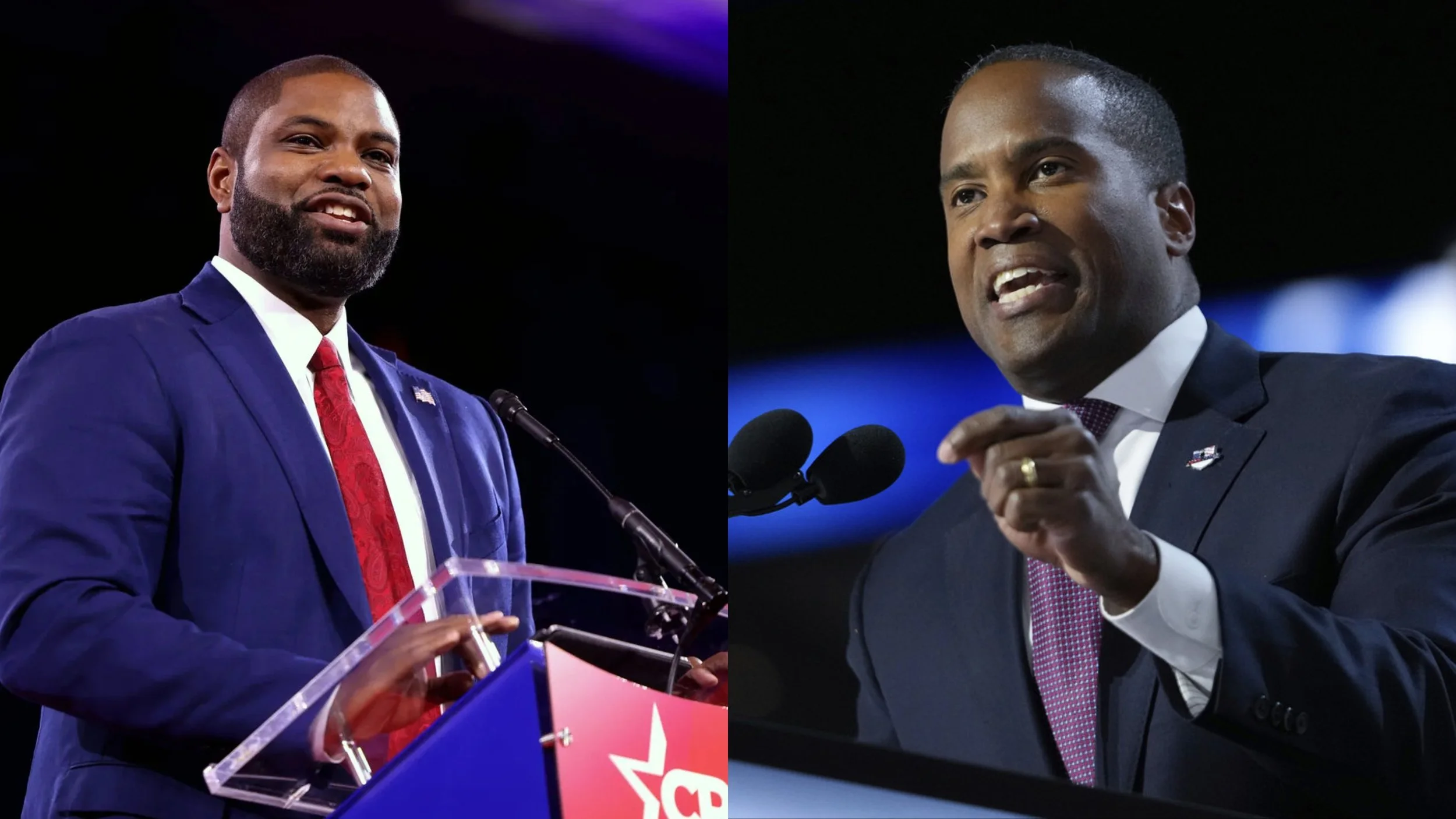 Side-by-side photos of Byron Donalds, smiling at a podium in a blue suit and red tie, and John James, speaking and gesturing in a dark suit.
