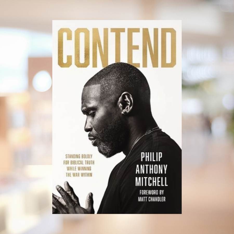 The cover of “Contend” by Philip Anthony Mitchell, with the title in large gold letters above a black-and-white profile portrait of the author, eyes lowered and hands pressed together. The cover is set against a softly blurred background.