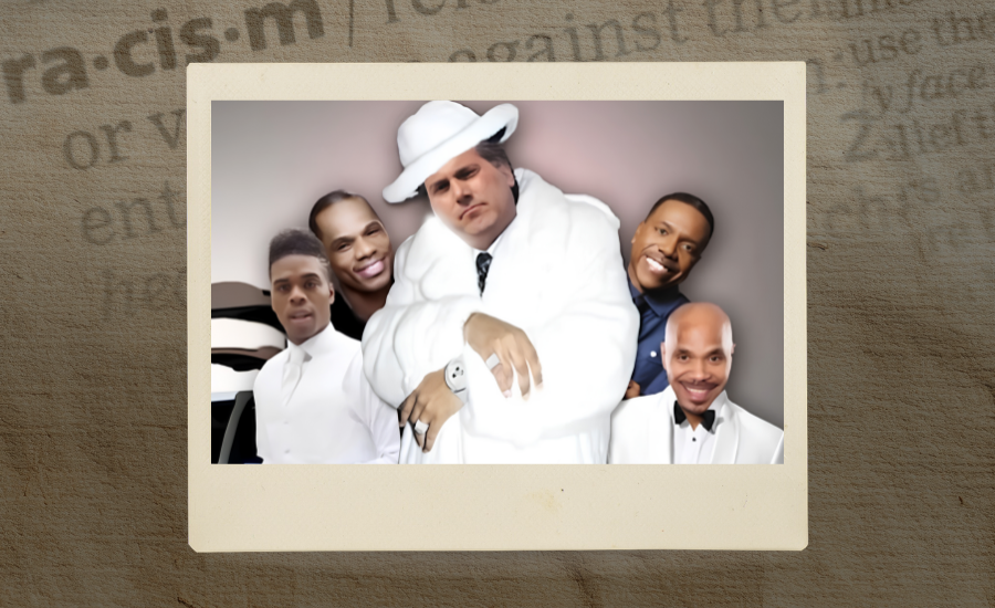 Doctored image of Kevin Adell in a white fur coat and white hat, surrounded by four smiling Black men, set in an instant-photo frame over a dictionary entry for “racism.”