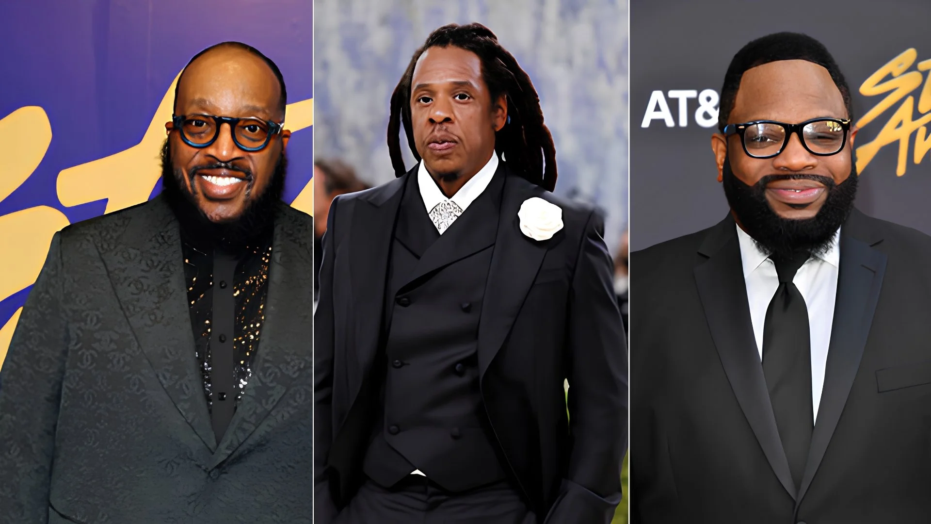 Composite of three portraits. From left, Marvin Sapp in glasses and a patterned dark jacket, Jay-Z in a black three-piece suit with a white flower on the lapel, and Hezekiah Walker in glasses and a black suit and tie.