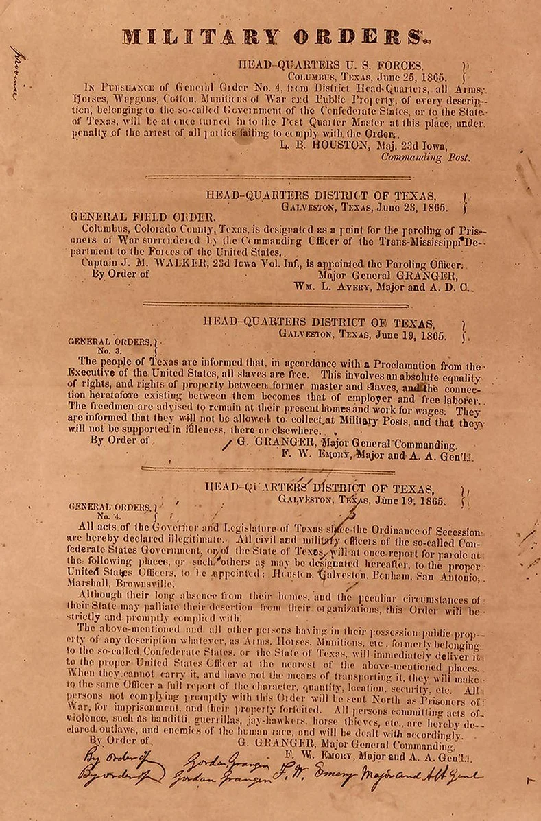 A photograph of an aged military order document titled "Military Orders," showing General Orders No. 3 issued from Head-Quarters District of Texas, Galveston, Texas, June 19, 1865, signed by Major General G. Granger.