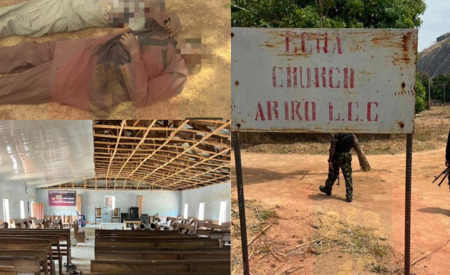 Composite image showing victims and an ECWA church in Ariko Village, Kaduna State, following an Easter attack where Nigerian troops rescued abducted worshippers.