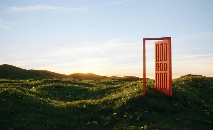 A red door stands open on its own in a grassy, flower-dotted hillside as the sun rises over rolling hills.