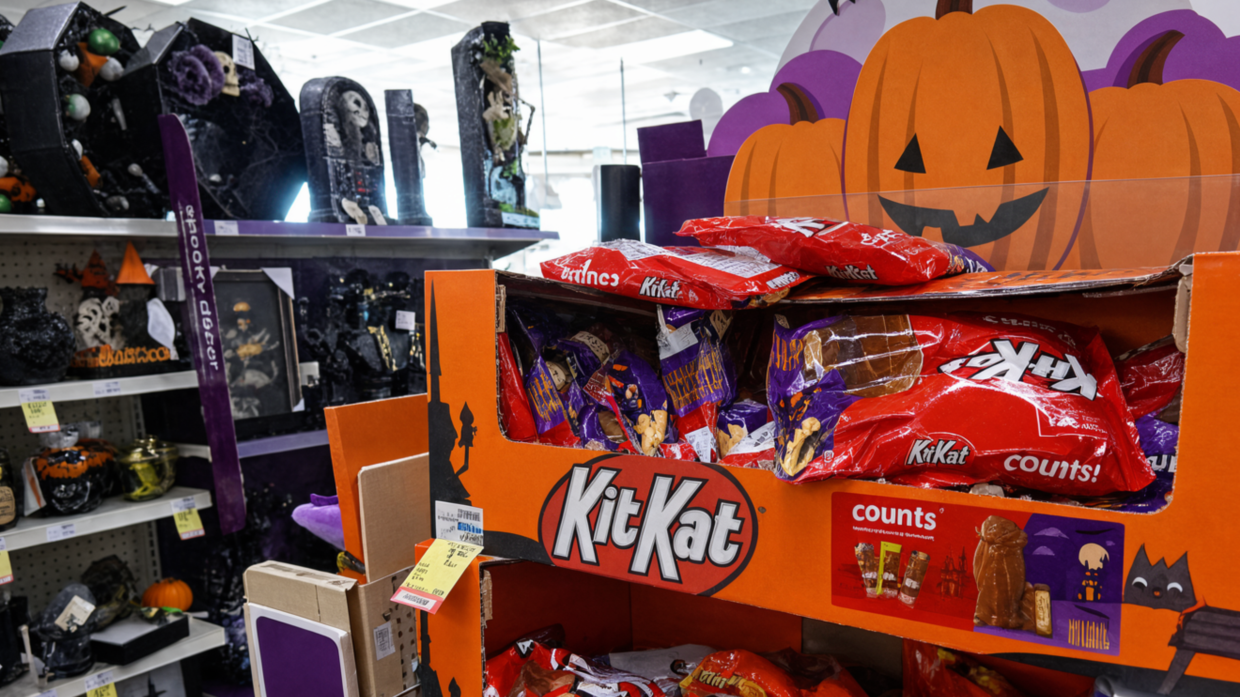 A store display of Halloween candy bags in an orange cardboard bin decorated with jack-o’-lanterns, beside shelves of dark tombstone and skull decorations.