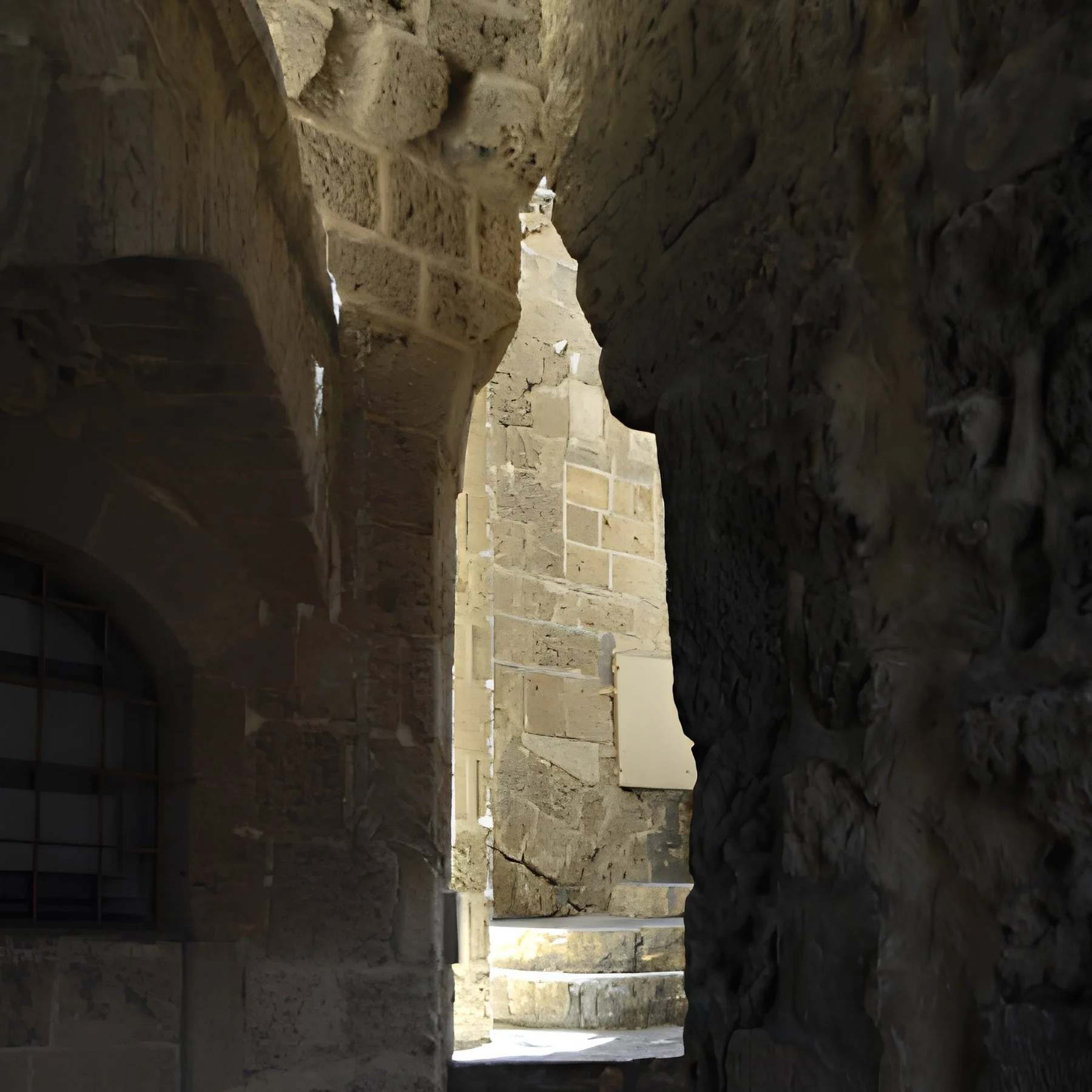 A dark, narrow stone passage in Old Jaffa opens onto sunlit stone walls and steps beyond.