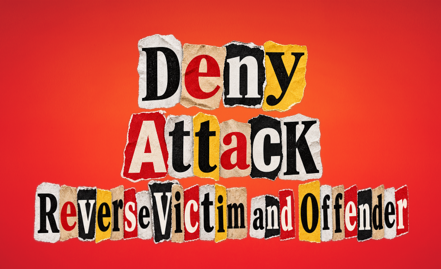 Torn-paper ransom-note-style text reading “Deny,” “Attack,” and “Reverse Victim and Offender” stacked on a red-to-orange gradient background.