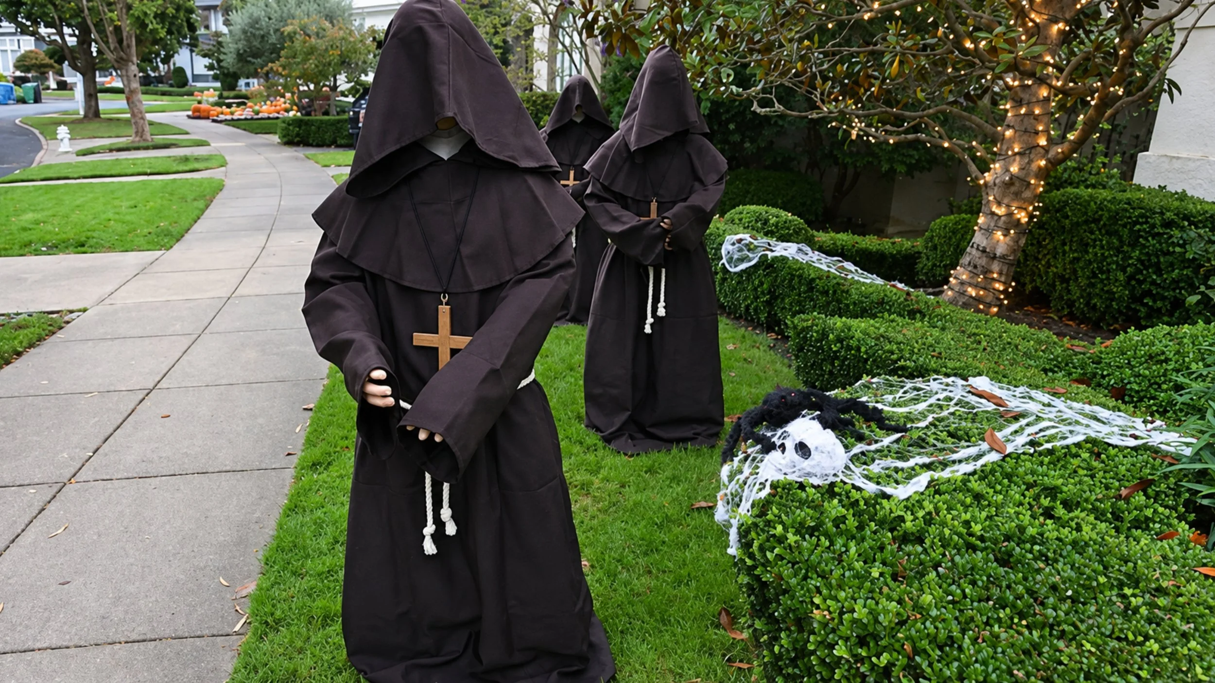 Three faceless figures in dark brown hooded monk robes with wooden crosses stand on a front lawn beside a sidewalk, next to a hedge draped in fake spider webs with a white skull and a black spider.