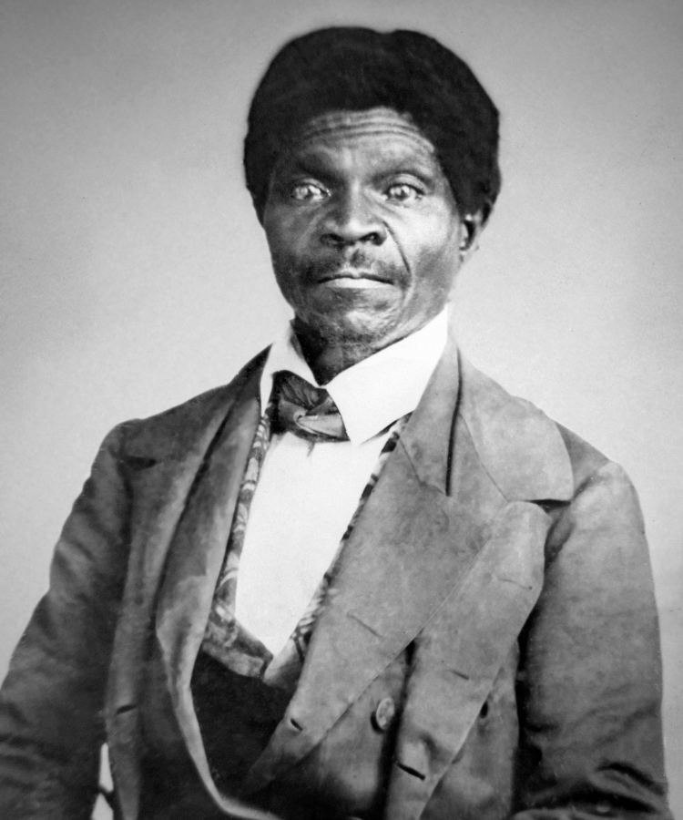 Black-and-white portrait photograph of Dred Scott wearing a suit and tie, circa 1857.