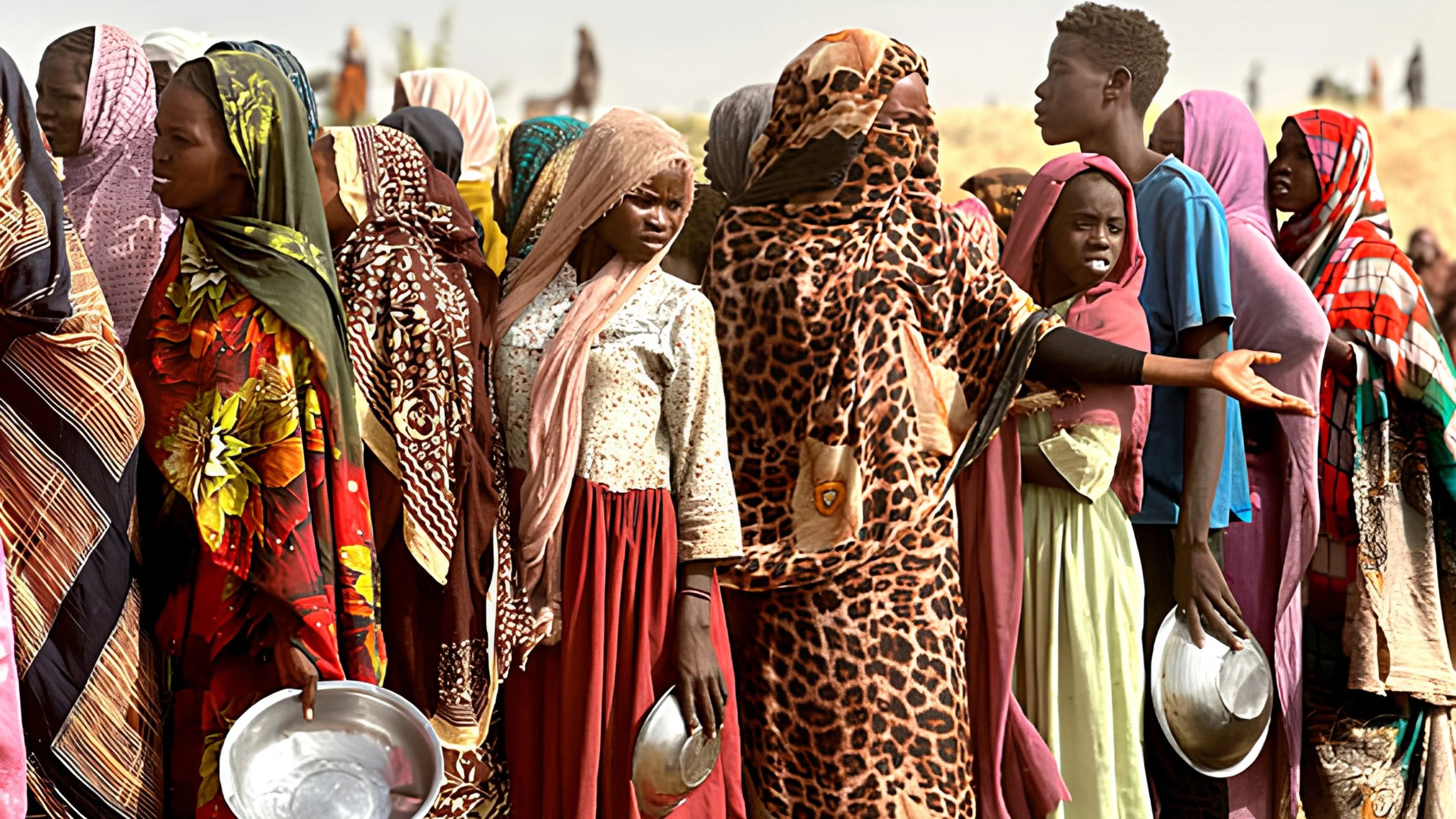 Women, girls and a young man in brightly patterned clothing stand in a long line in an open field, several holding empty metal bowls.