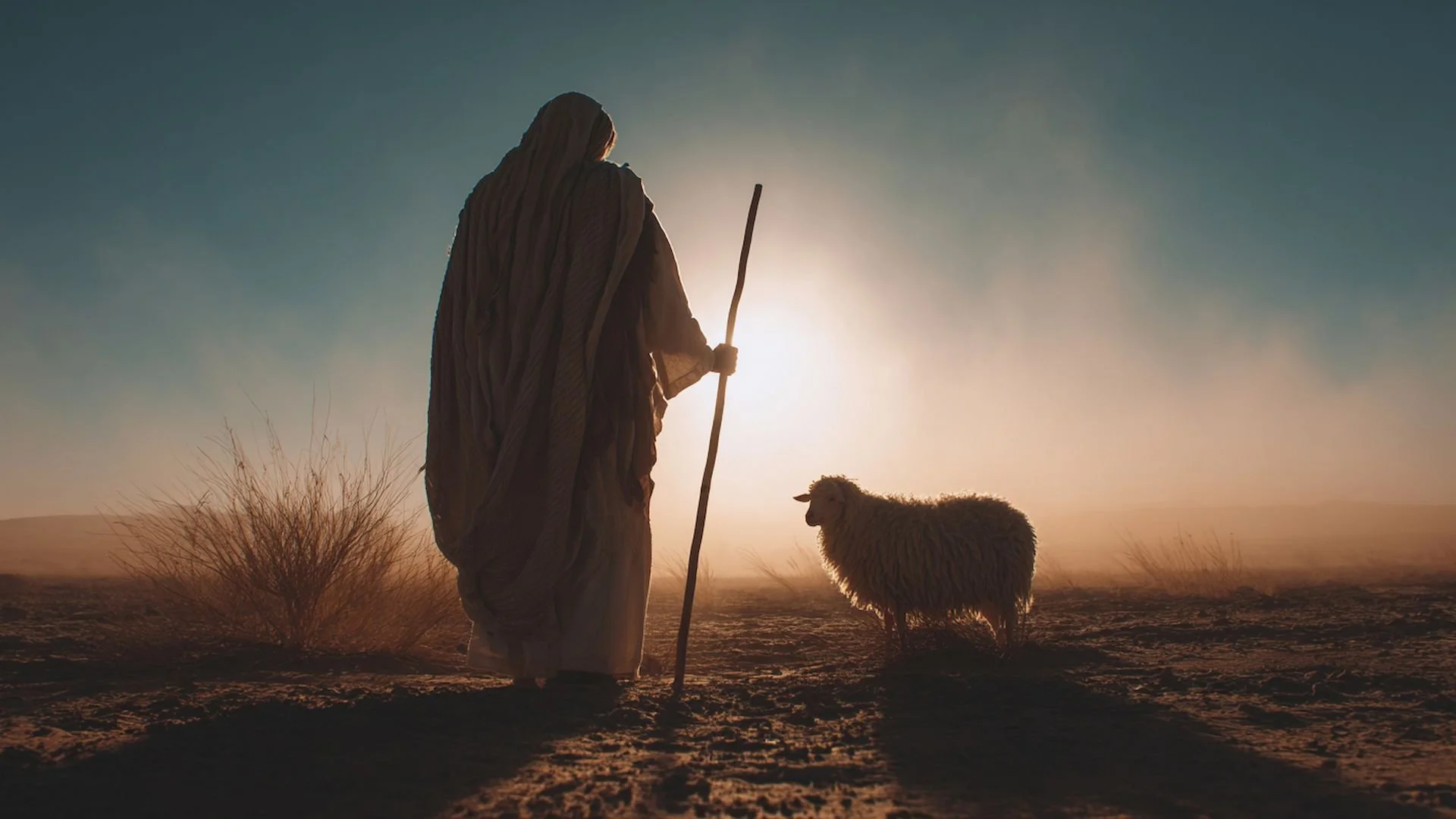A robed shepherd holding a staff stands beside a single sheep in a dusty field at sunrise.