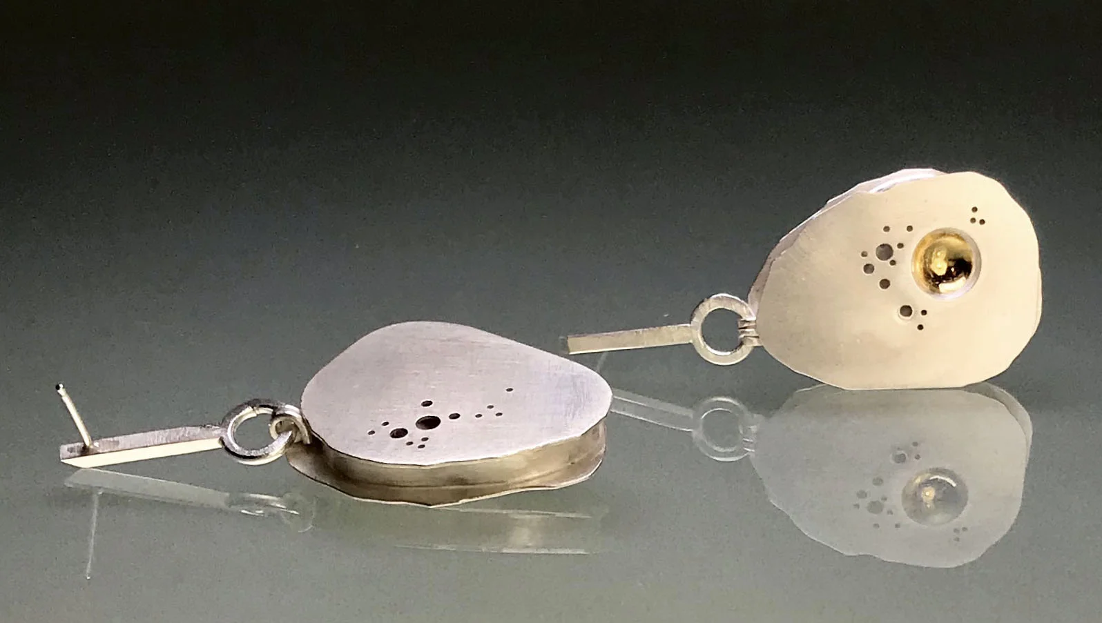   Dali’s Eggs Dangles.   Sterling and 24k YG. 2.5” x 1.25”. $250 