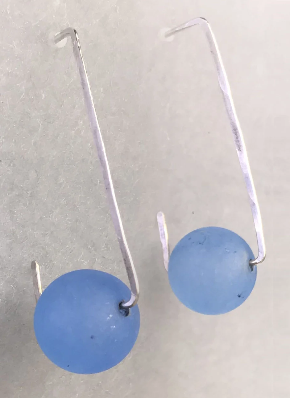   Blue Minimalist Rectangles.   Blue Cultured Sea Glass, 925. 1.5” x .375”. $65 