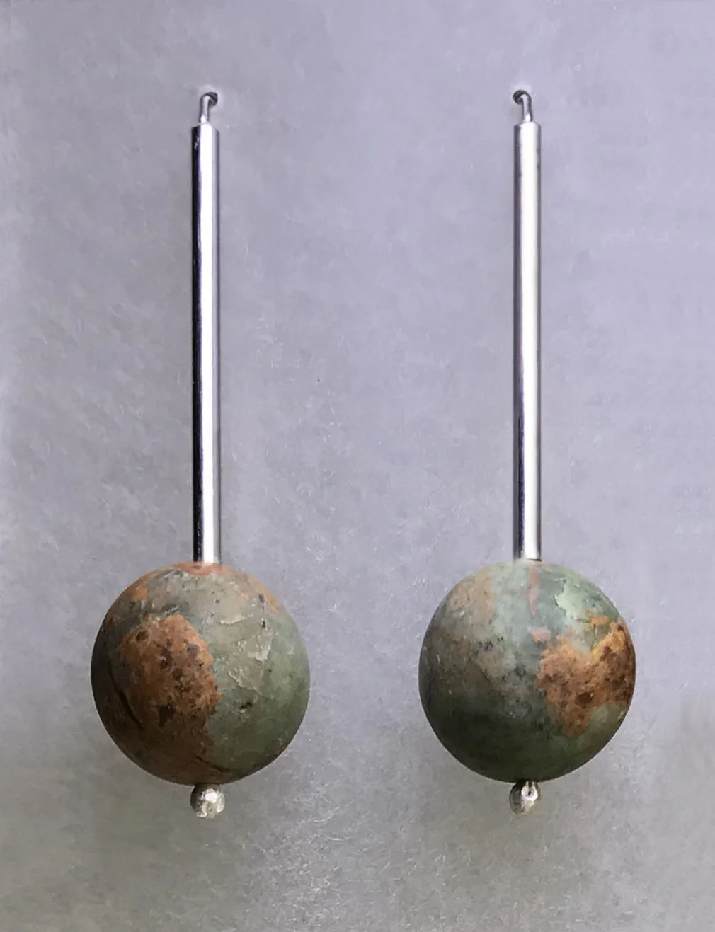  Green Tube Globes.   Nat’l Peruvian Opal, 925. 2.25” x .625”. $85 