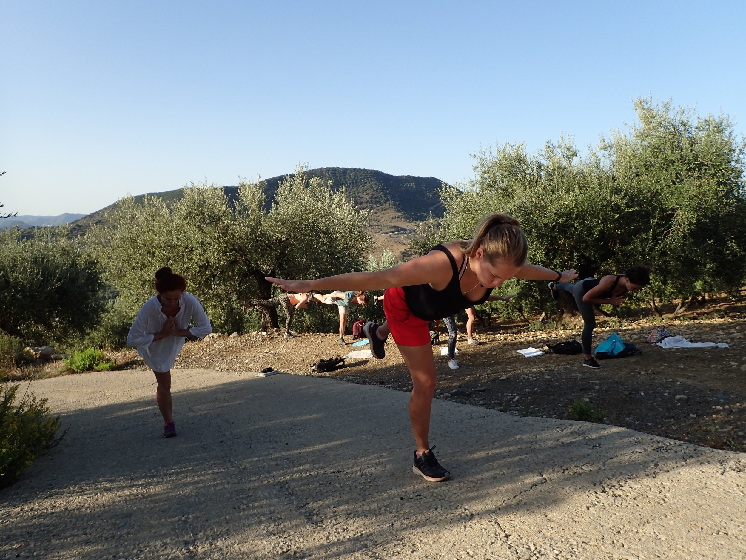 Warrior 3 on the mountain at Yin Yang Yoga retreat in the Malaga mountains in Spain with Jane Bakx Yoga 