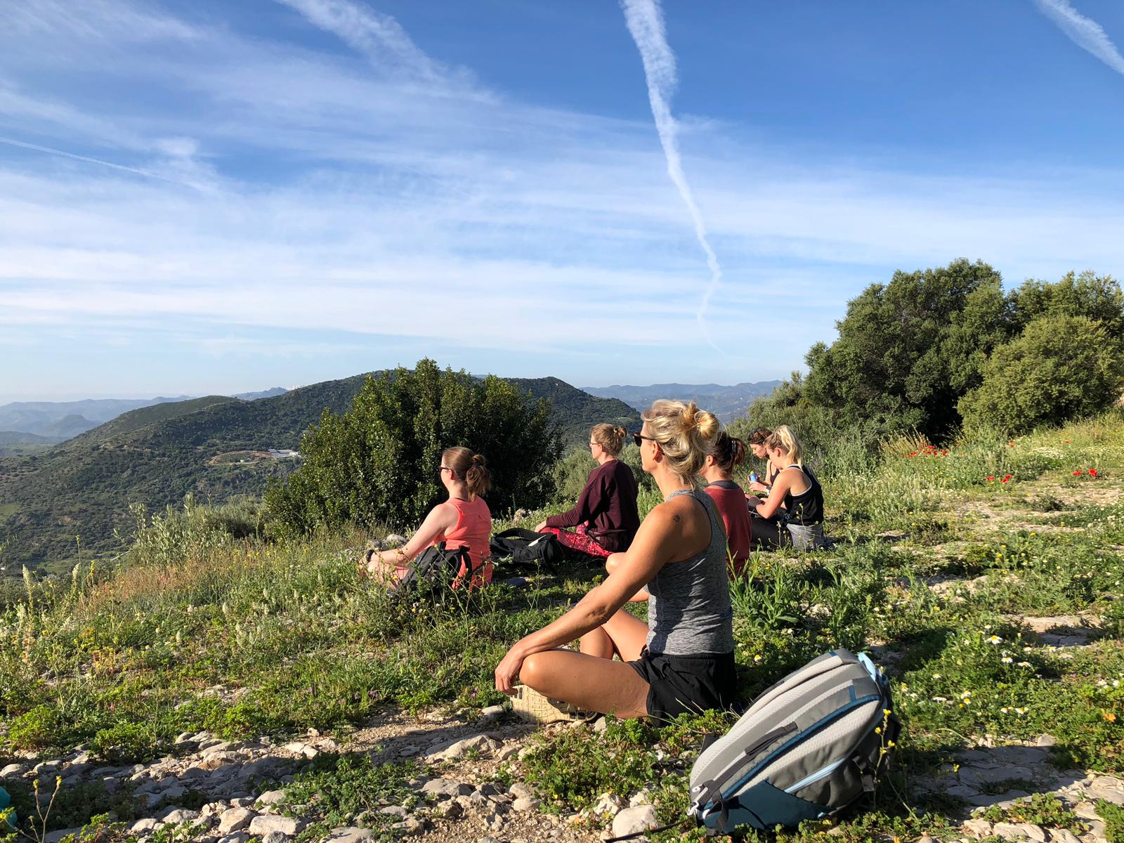 Meditation with a view of the mountains at Yin Yang Yoga retreat in the Malaga mountains in Spain with Jane Bakx Yoga