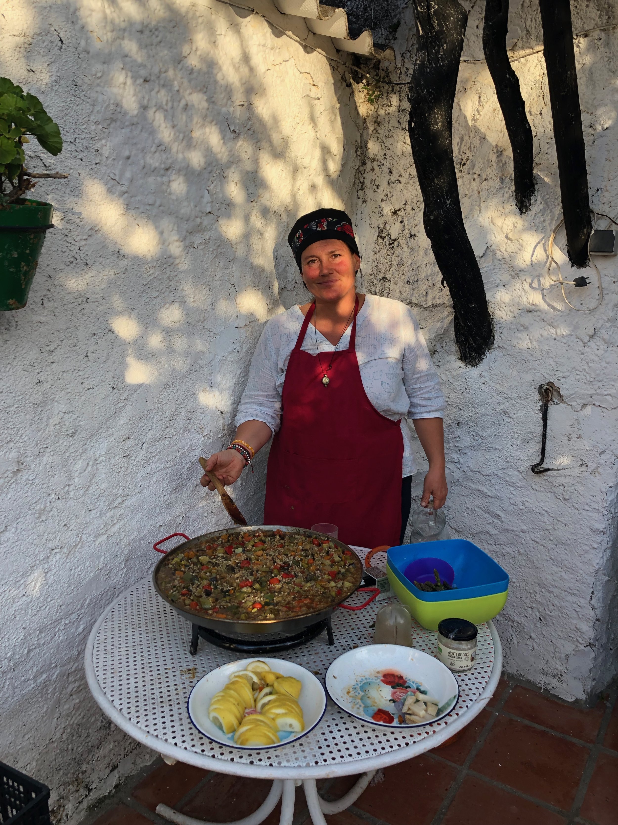 Tiziana with her vegan paella at Yin Yang Yoga retreat in the Malaga mountains in Spain with Jane Bakx Yoga 