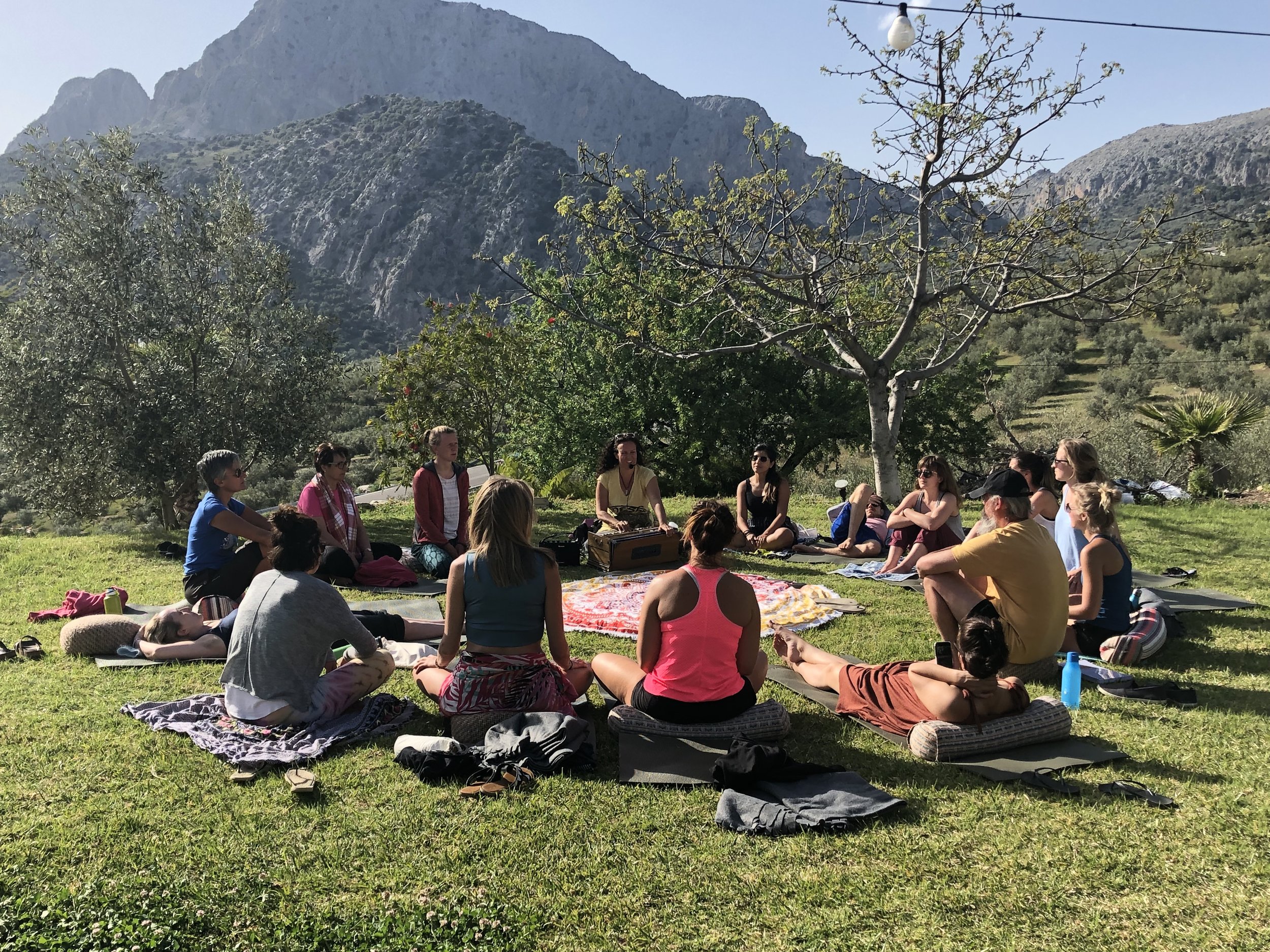 Group sessions in the garden 200h Yin Vinyasa Teacher training course Spain Jane Bakx Yoga