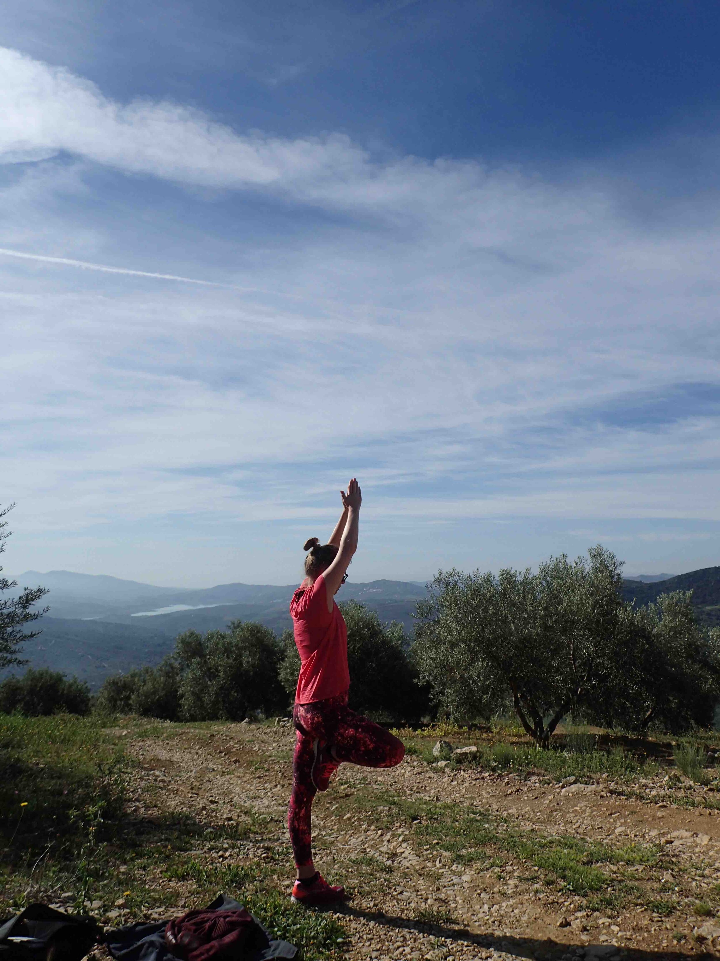 Tree pose on the mountain at Yin Yang Yoga retreat in the Malaga mountains in Spain with Jane Bakx Yoga 