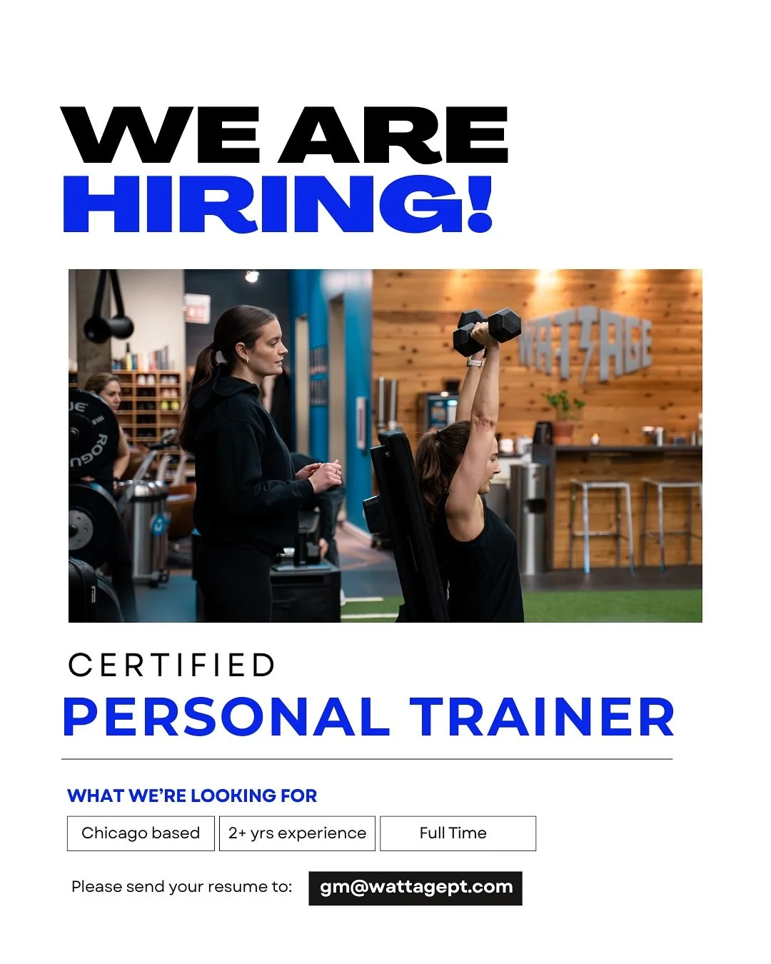 Personal Trainers &mdash; your next big move starts here⚡️ 
Wattage is hiring a full-time personal trainer to join our elite team.

If you love coaching, community, and continual growth &mdash; you&rsquo;ll thrive here.

What we offer:
✅ Health &amp;