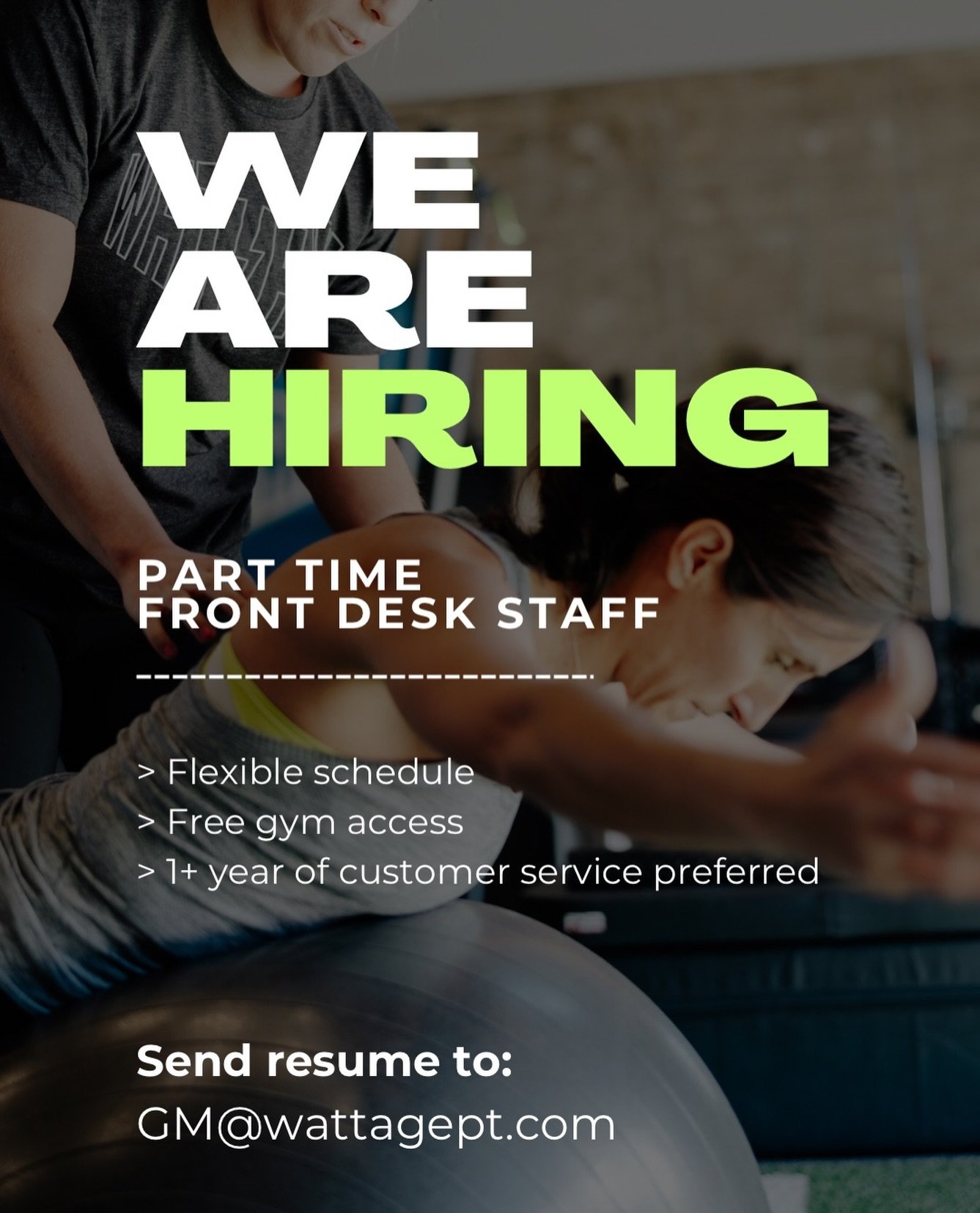 We&rsquo;re hiring! Part-Time Front Desk Associate

⏰ Flexible shifts (3&ndash;5 hours)

Wattage is looking for a friendly, reliable Front Desk Associate to help cover afternoon, evening, and occasional morning shifts &mdash; plus busy class times an