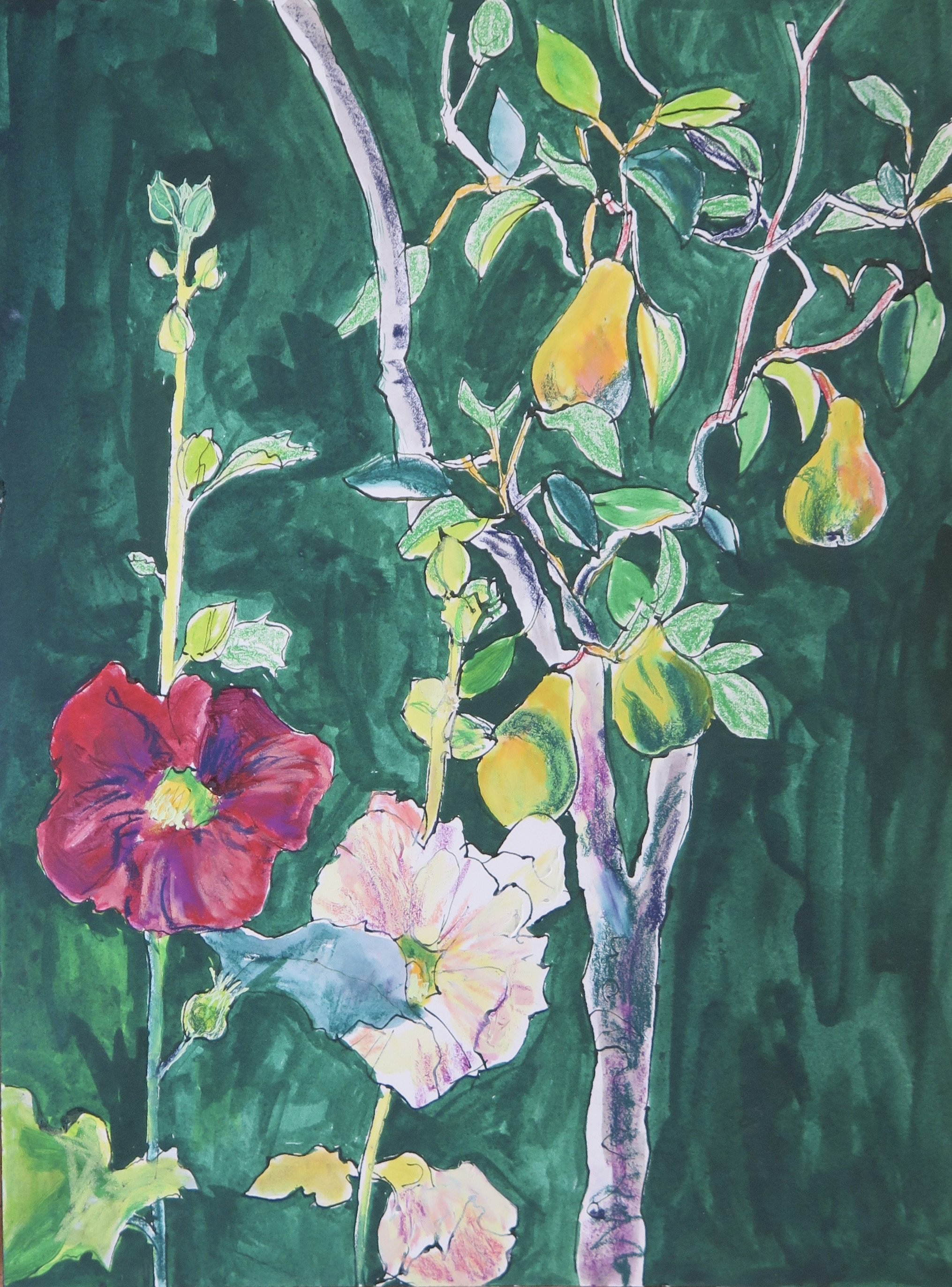 Hollyhocks annd Ripening Pears