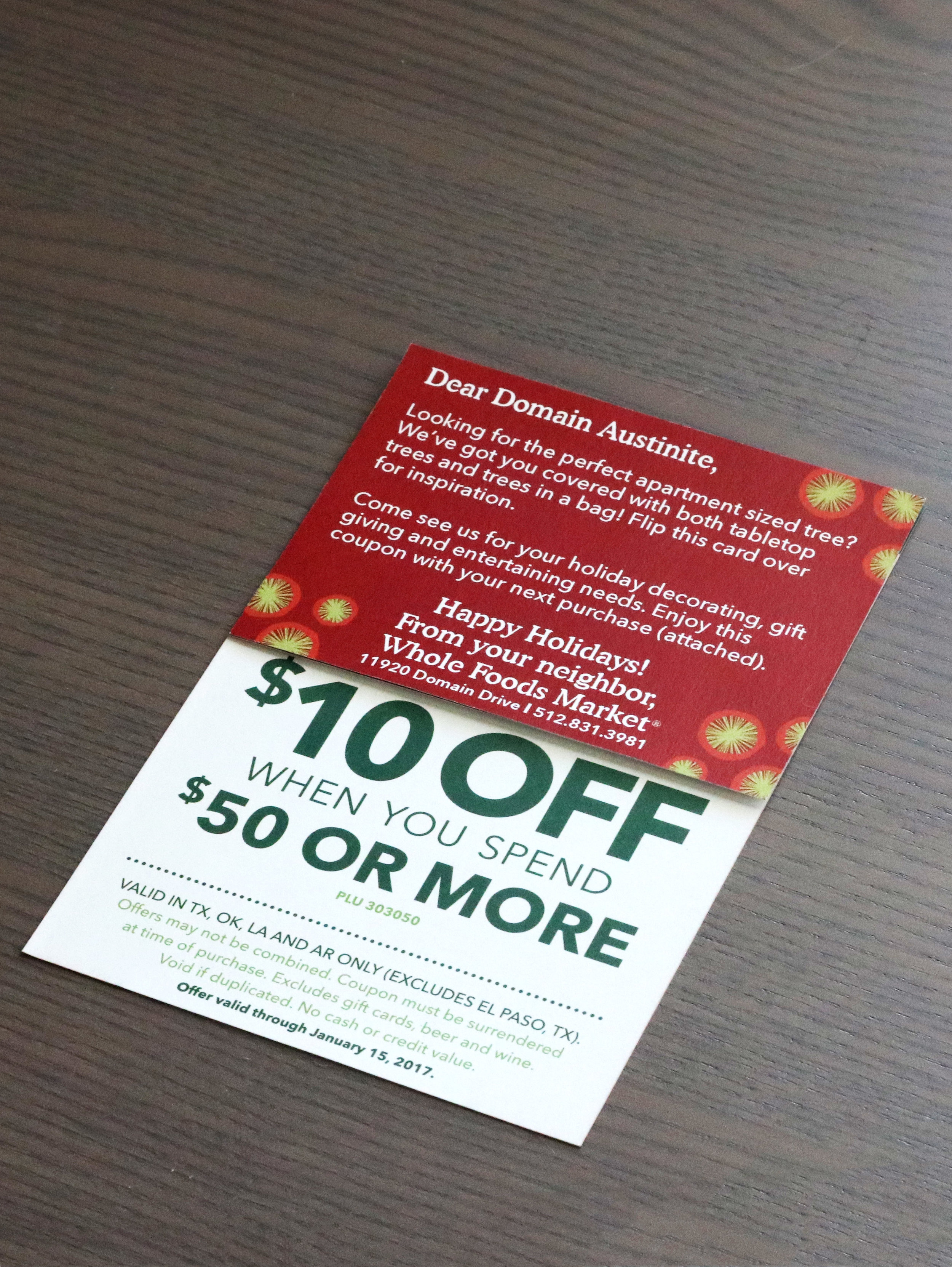 This project for Whole Foods Market Domain was my idea from conception to the completion and I was able to engage in every aspect. I proposed the idea to promote tabletop trees within the growing Domain shopping area. The greeting cards I designed w