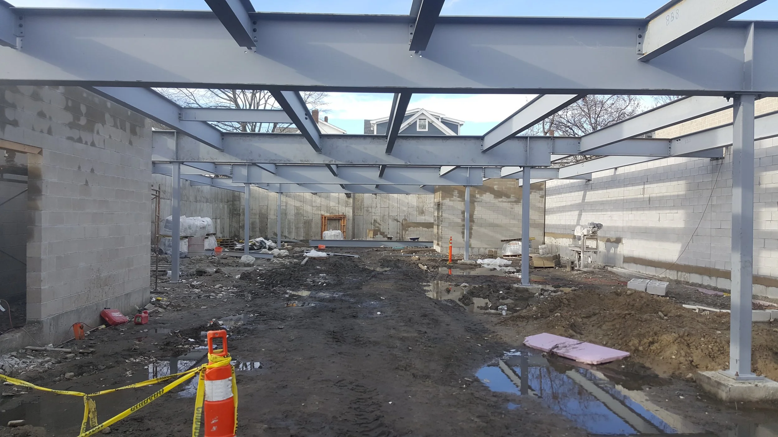 Steel over the future garage, with residential to come above