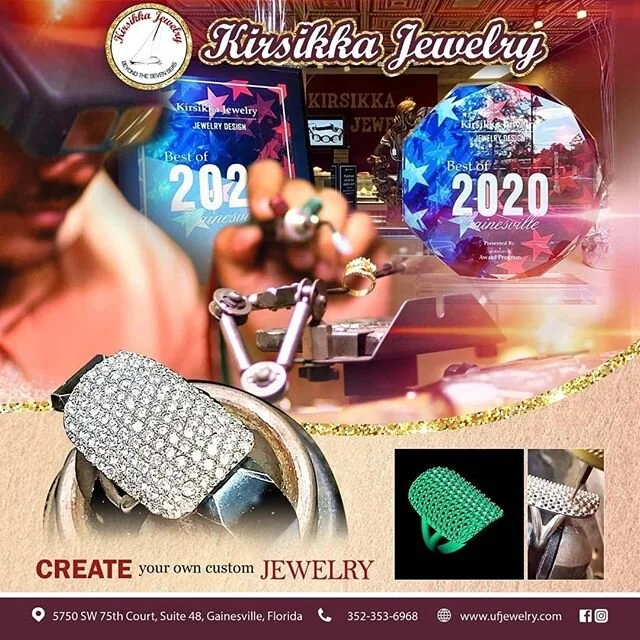 Gainesville's #1 Jewelry Designer #Kirsikka Jewelry

Call or text today (352) 353-6968 for a FREE design consultation. 
#BuyAmerican #MadeinAmerica #gainesvillecustomjeweler #bling #platinum950 #vvsdiamonds #pavediamonds