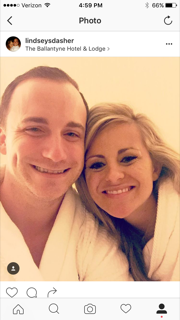 Lindsey Sink Dasher, of Krusch & Sellers "Thankful to celebrate 5 years of marriage with my husband at the Ballantyne Spa this weekend. Nothing beats a day or two of relaxation and pampering. #livingabovethebar"