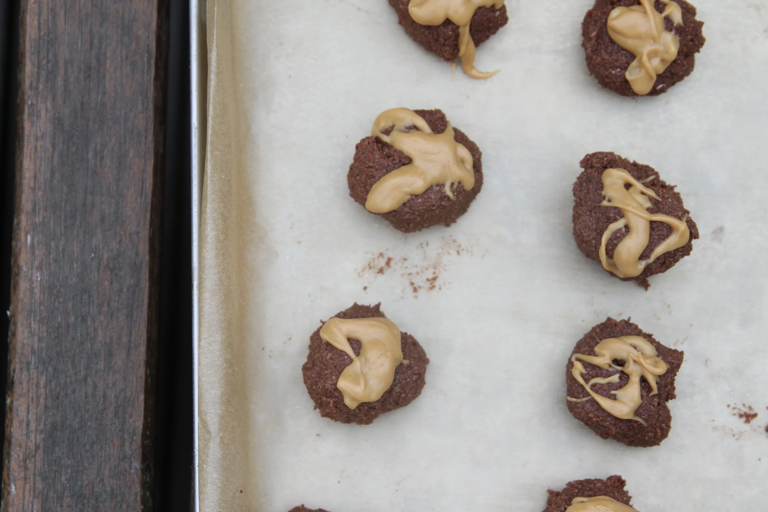 cocoa-coconut bites with peanut butter drizzle