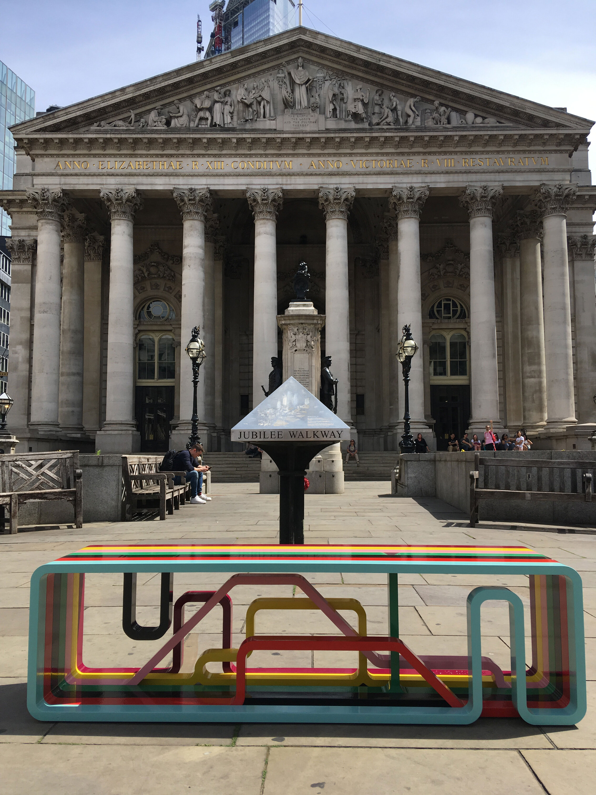 A City of London Bench, painted wooden sculpture by artist, Sara