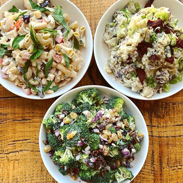 Freshly made Composed Salads, cookout ready!
.
MBD's Signature Potato Salad w/ @jasperhillfarm Bayley Hazen Blue &amp; @northcountrysmokehouse Bacon
.
Greek Pasta Salad
.
Auntie Sara's Bodacious Broccoli Salad
.
.
All available by the cup, pint, or q