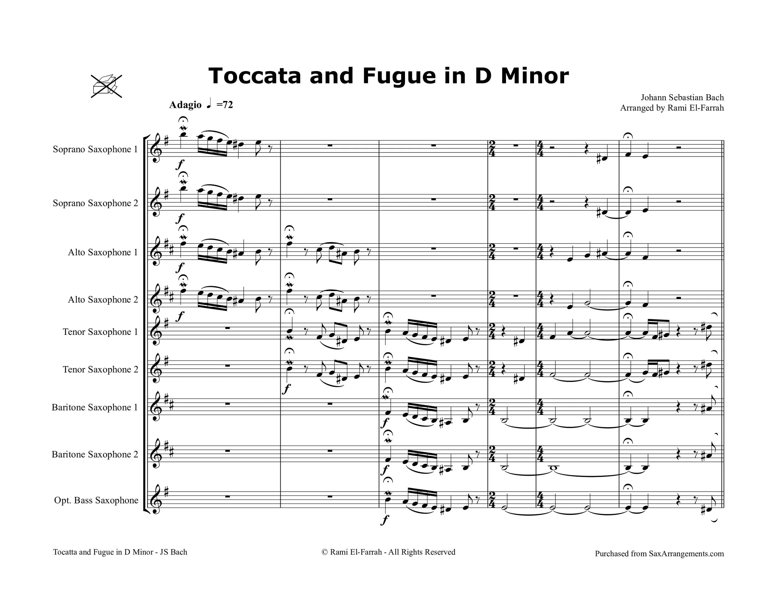 Bach, JS: Toccata and Fugue in D Minor for Sax Octet (With Optional Bass Saxophone)