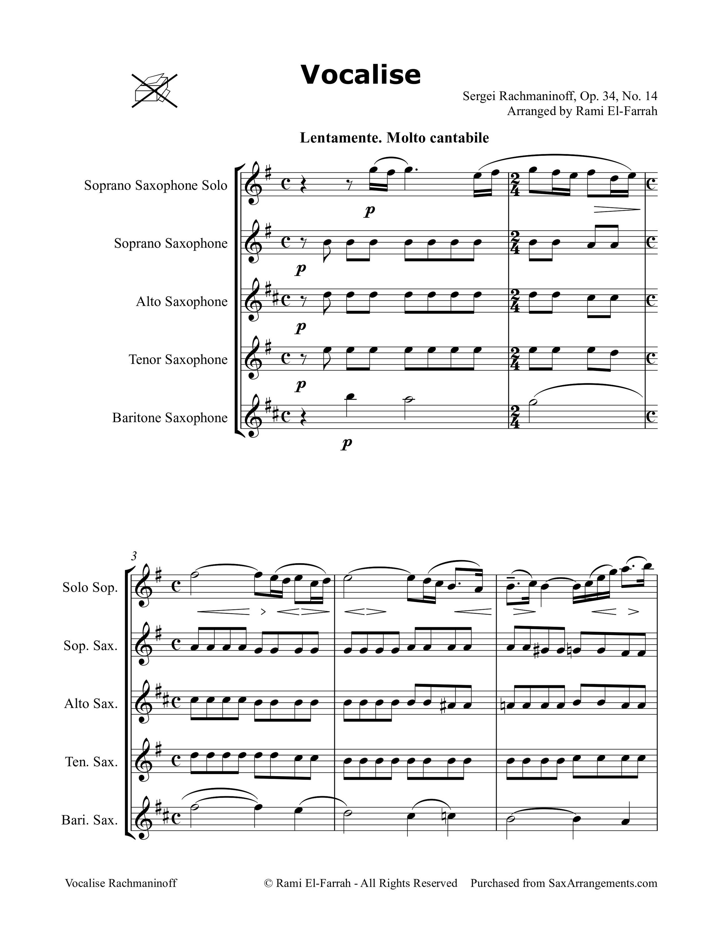 Rachmaninoff: Vocalise for Sax Quartet (SATB) & Soprano Sax Solo