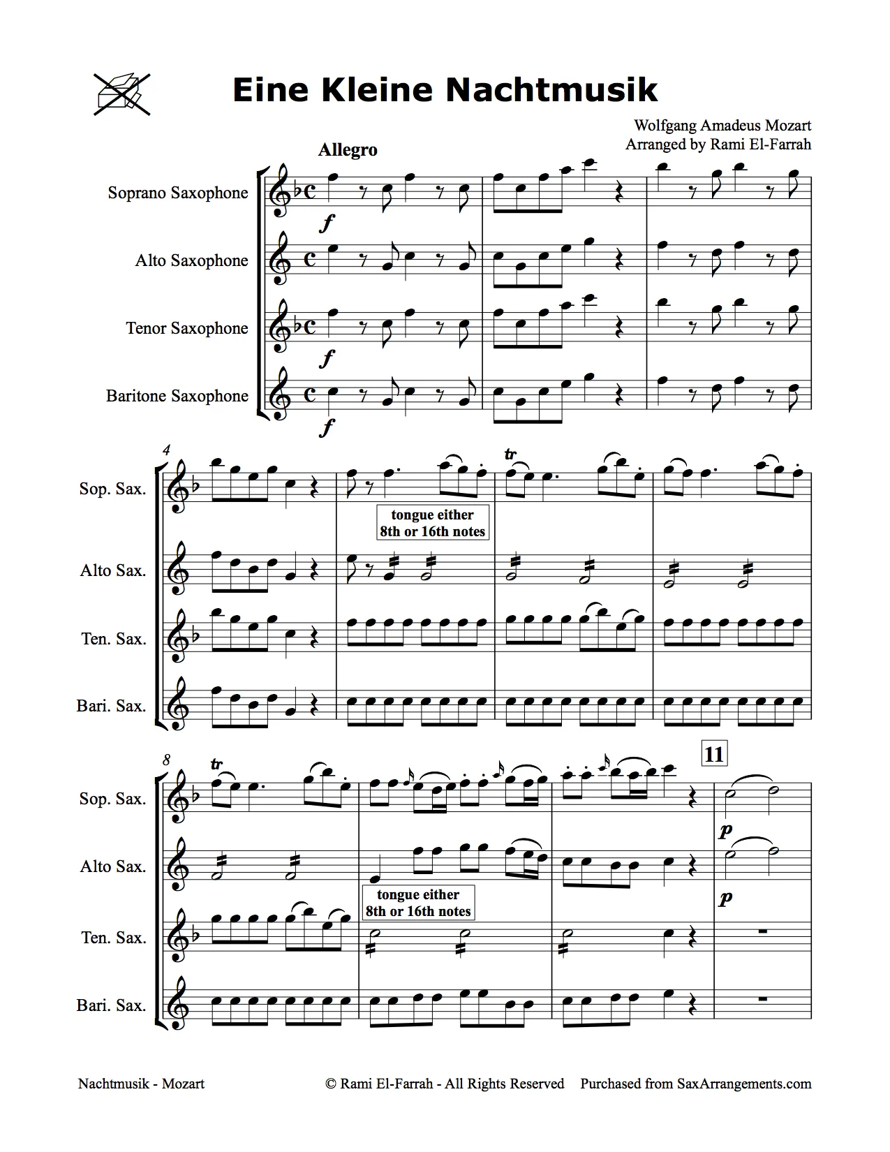 Mozart, WA: Allegro from Eine Kleine Nachtmusik for Sax Quartet (SATB)