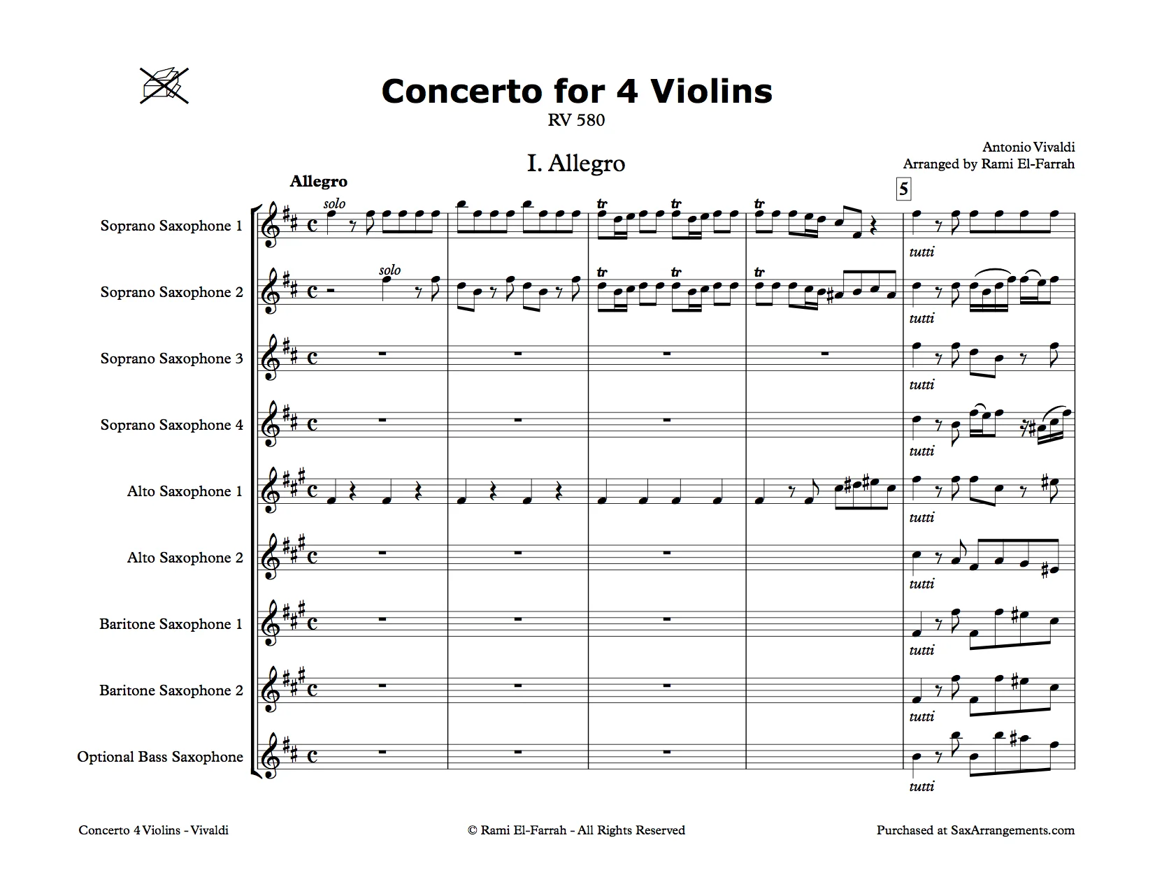 Vivaldi: Concerto for 4 Violins for 4 Soprano Saxes & Sax Ensemble