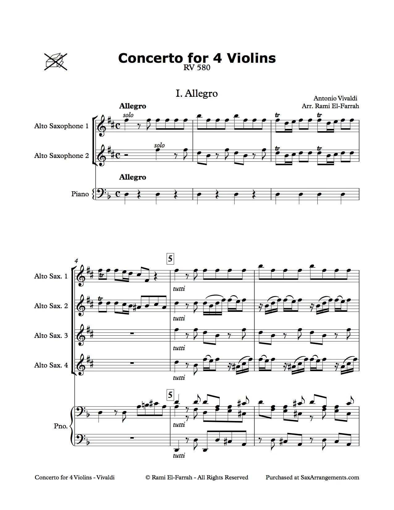 Vivaldi: Concerto for 4 Violins for 4 Alto Saxes & Piano