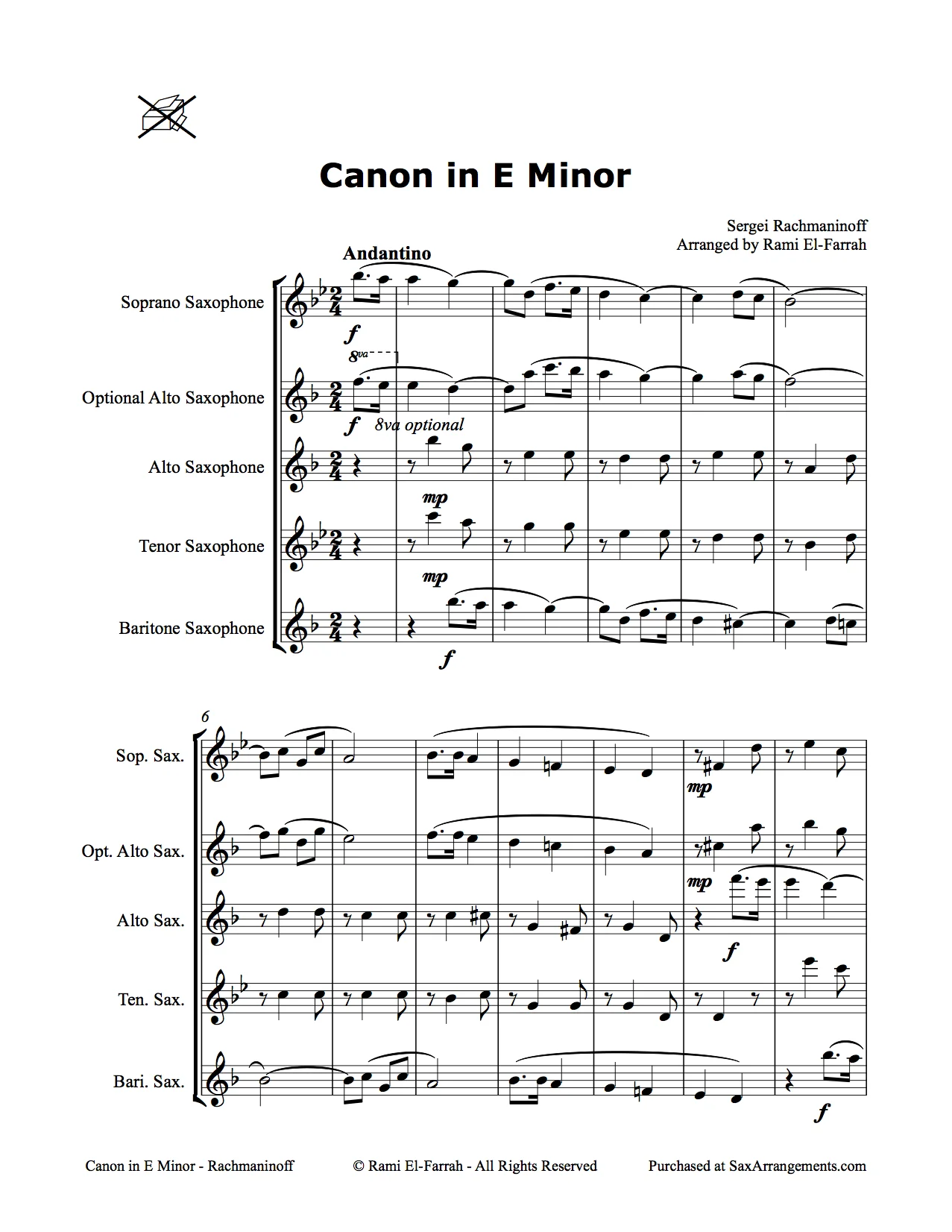 Rachmaninoff: Canon in E Minor by for Sax Quartet (SATB or AATB)
