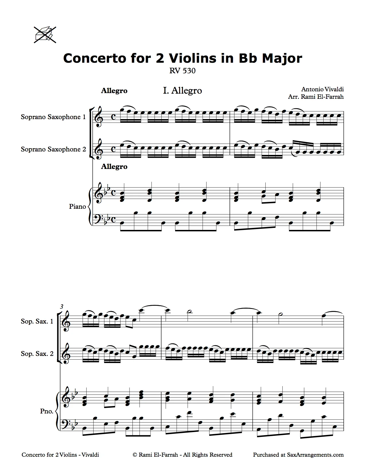 Vivadli: Concerto for 2 Violins for 2 Soprano Saxes & Piano