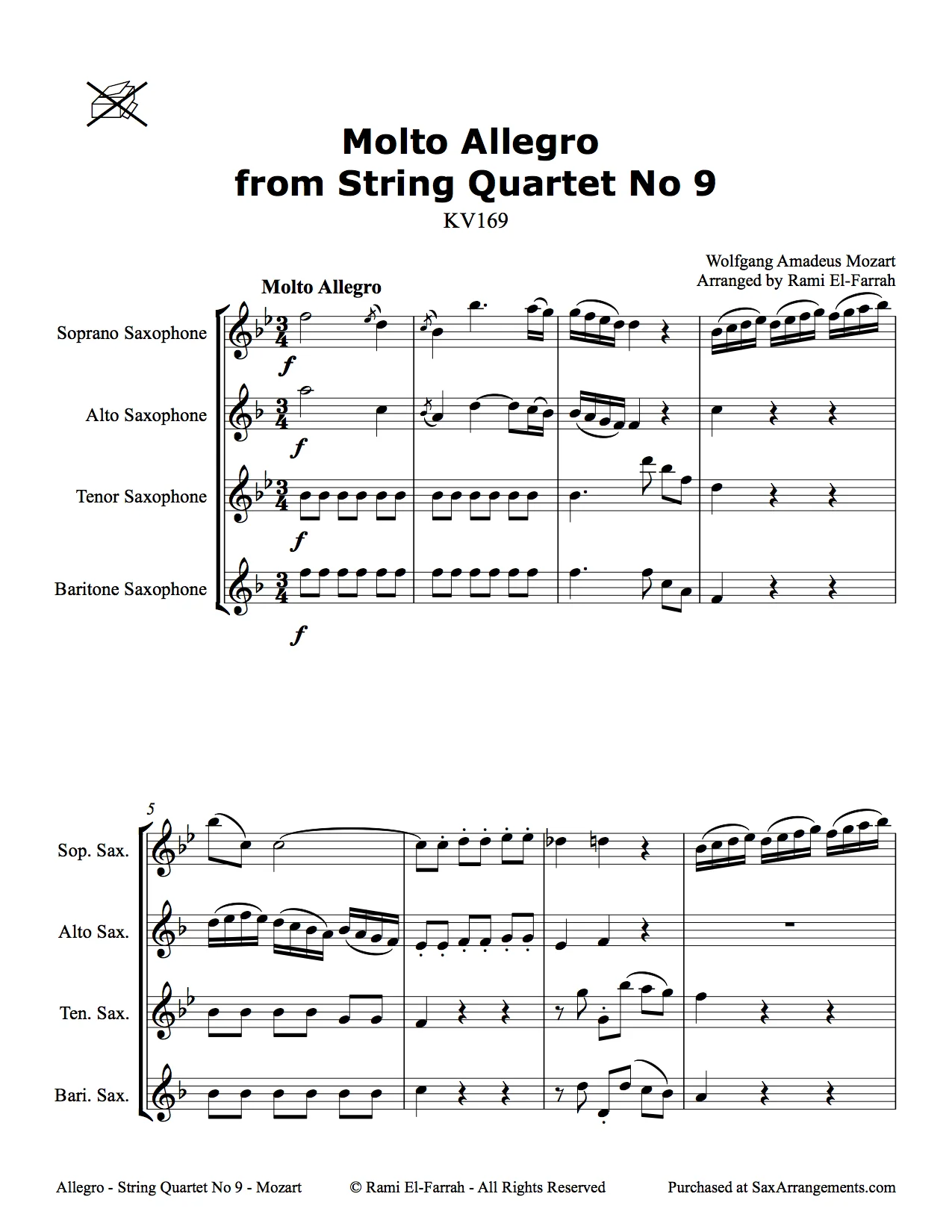 Mozart, WA: Molto Allegro from String Quartet No 9 for Sax Quartet (SATB)