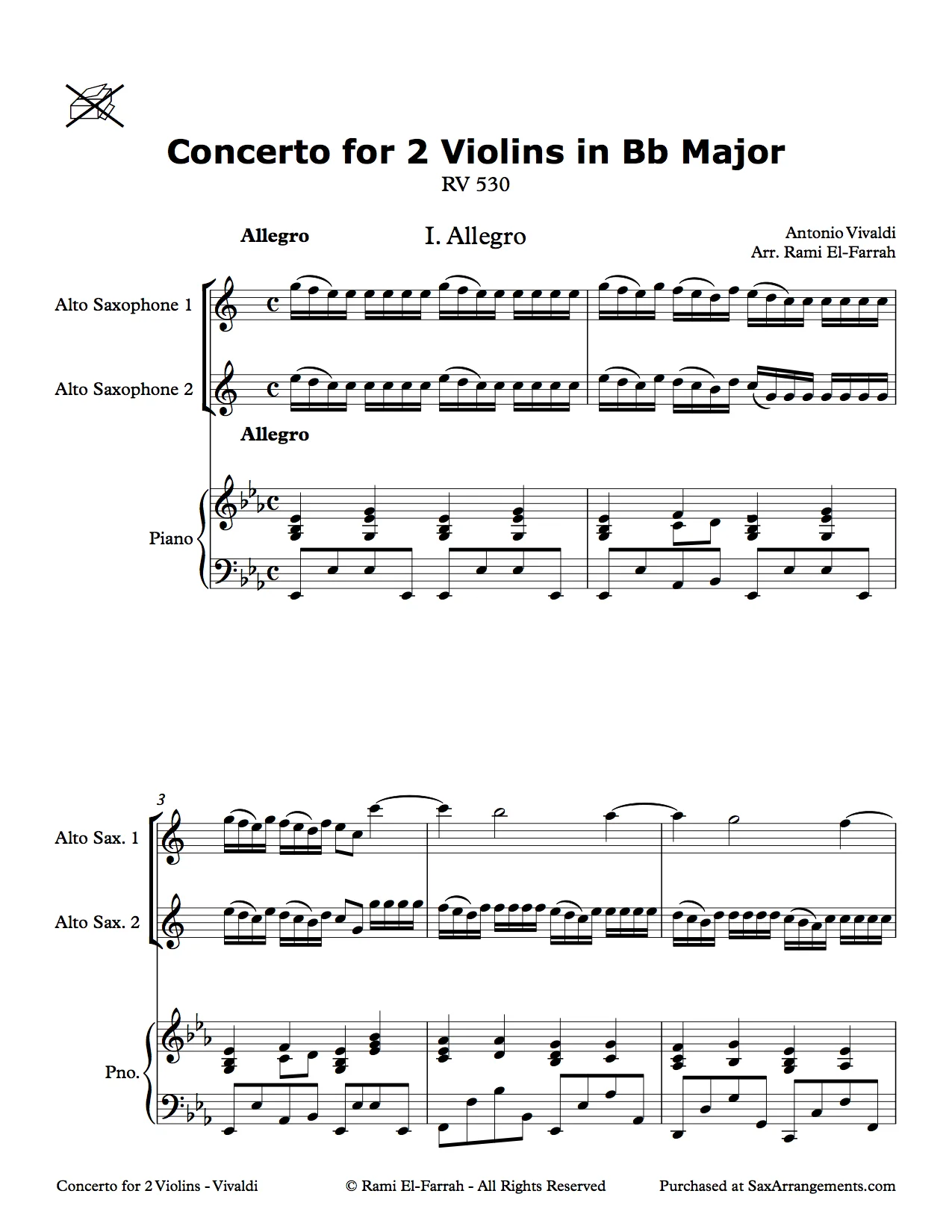 Vivaldi: Concerto for 2 Violins & Orchestra for 2 Alto Saxes & Piano