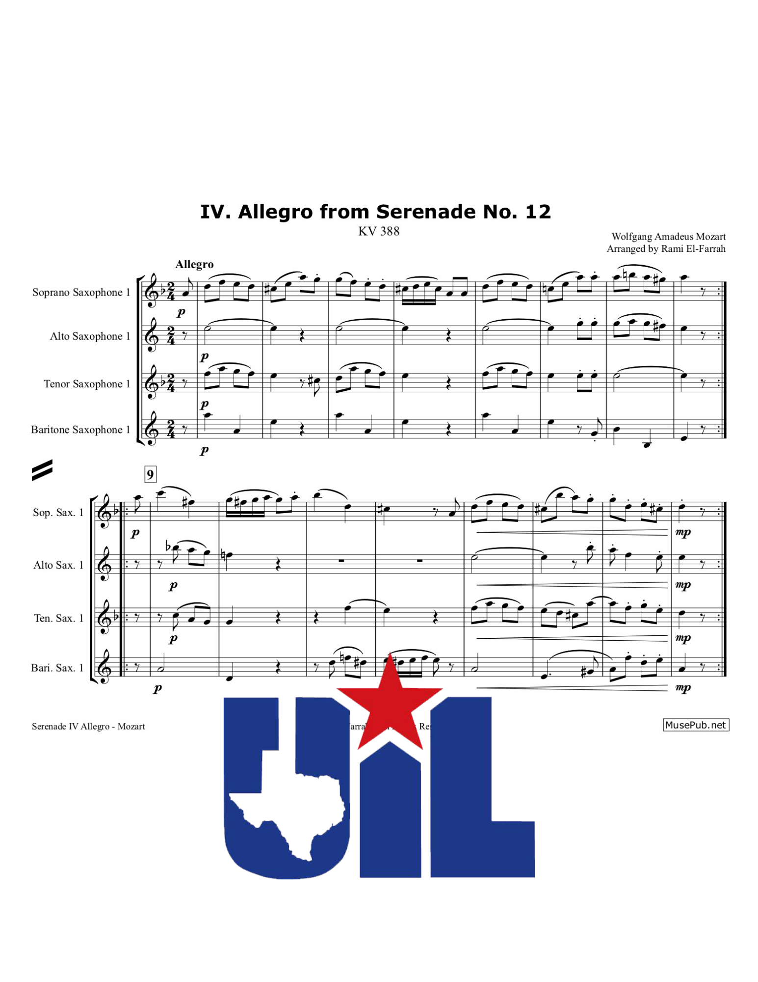 Mozart, WA: Allegro from Serenade No12 for Saxophone Octet