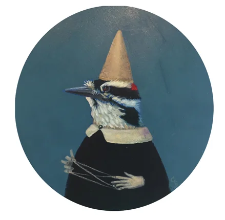 Downy Woodpecker oil 9" round panel 