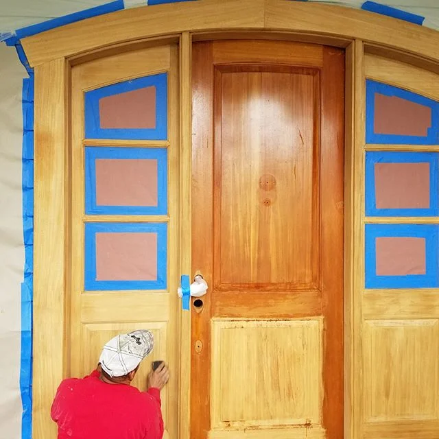 Striping this beautiful wood door in Bethesda. After striping is complete 1 coat of stain and 3 coats of Fine Paints of Europe Marine Varnish will be applied. #finepaintsofeurope #frontdoor #exterior #finepaintsofeuropecertifiedmasterpainter