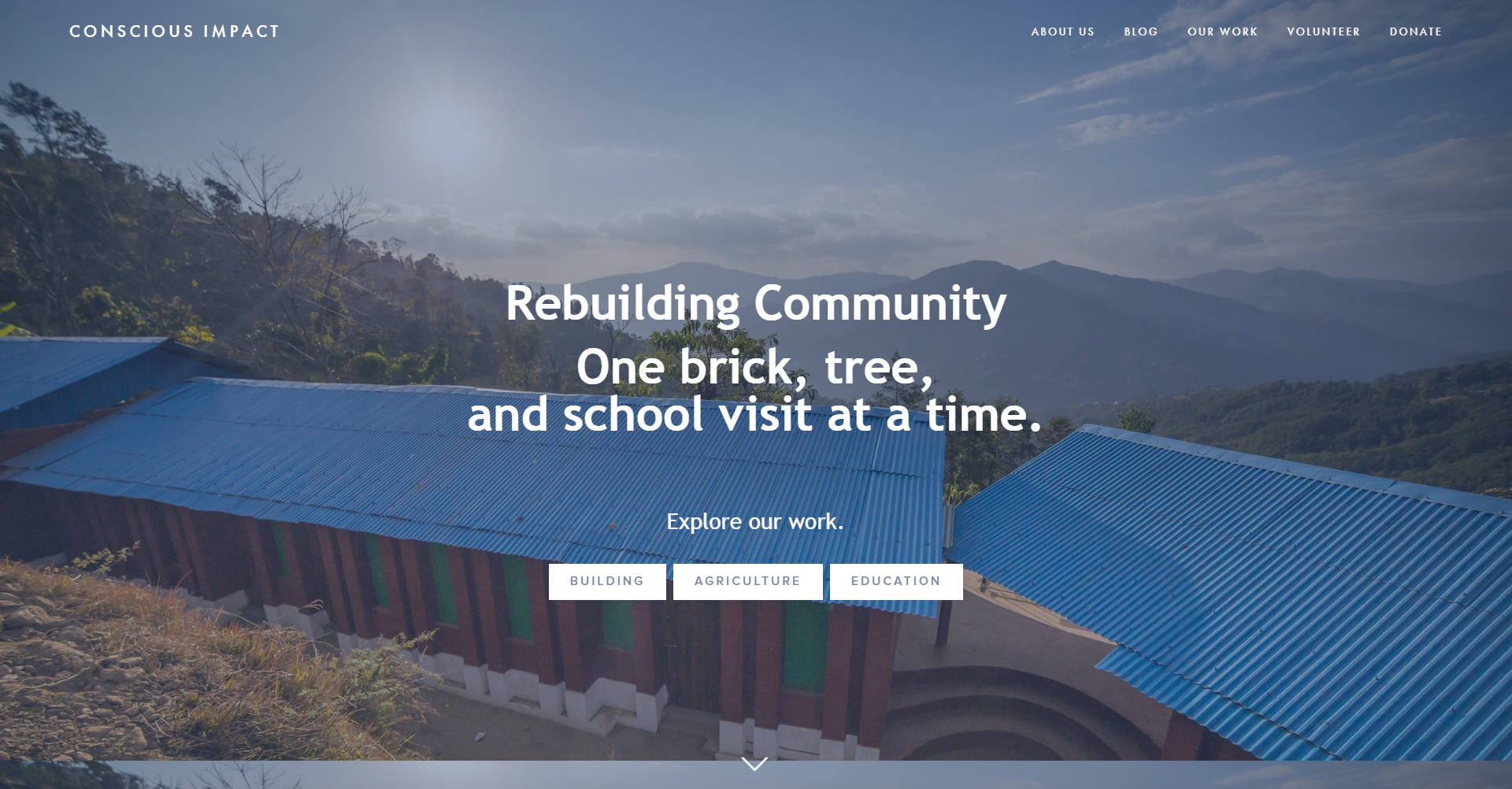 Conscious Impact 's main page - background photo features the rebuilt Siddhartha Primary School