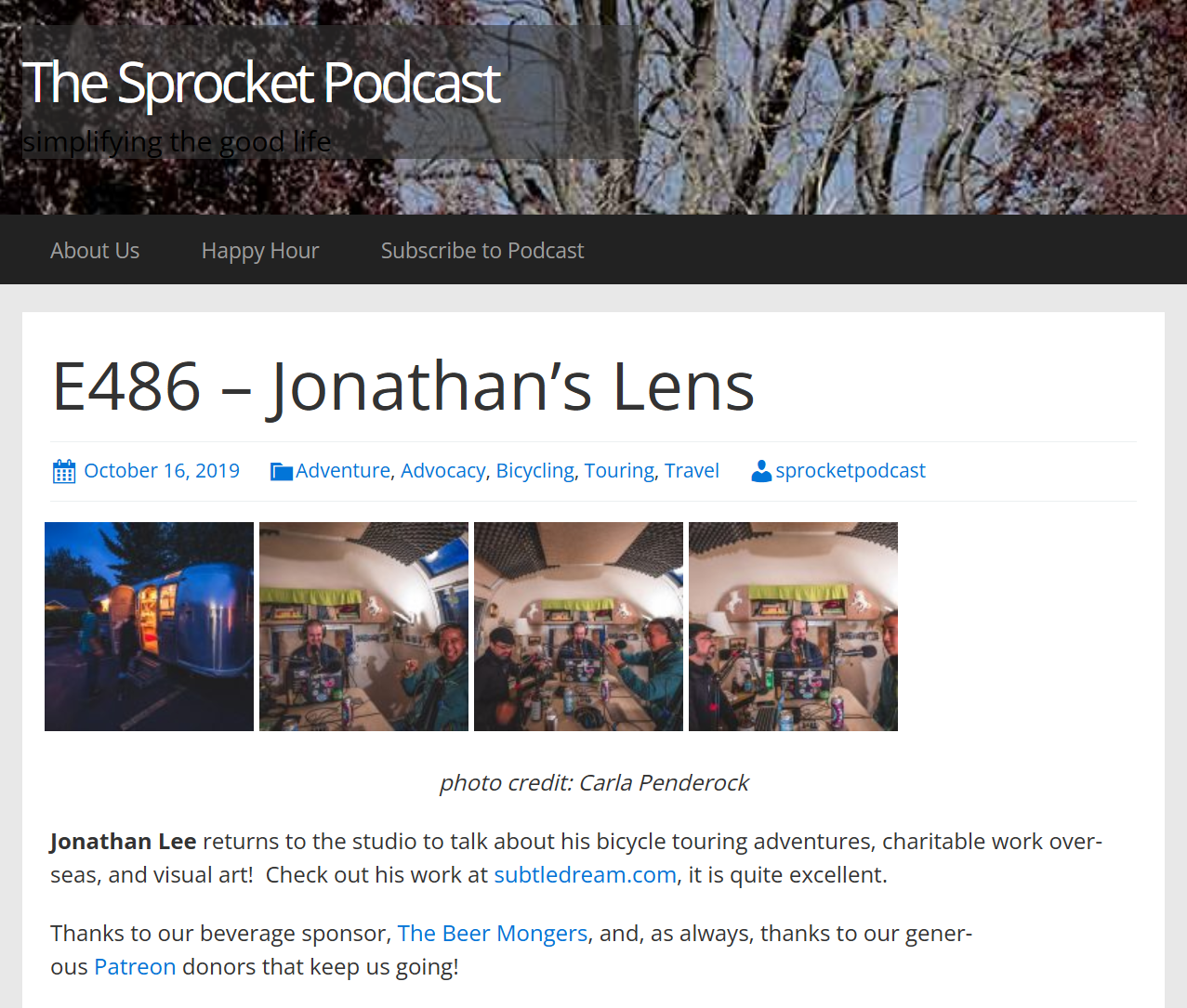 A website page for The Sprocket Podcast titled 'E486 — Jonathan’s Lens.' It features a header with a background image of trees and a navigation bar. Below, there are four photos: the first shows a shiny silver trailer at night, and the remaining three are inside a van with people recording a podcast.