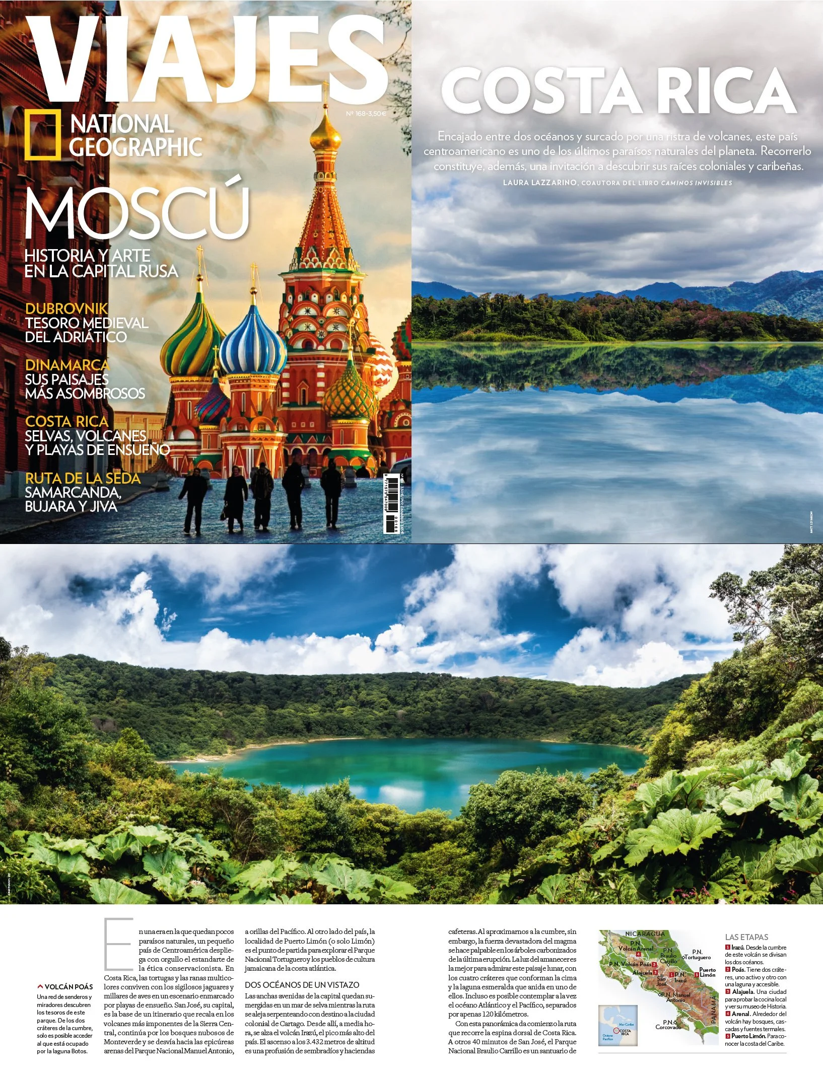 Travel magazine cover featuring a colorful onion-domed church in Moscow, Russia on the left side, and a lush green landscape with a reflective lake in Costa Rica on the right side.