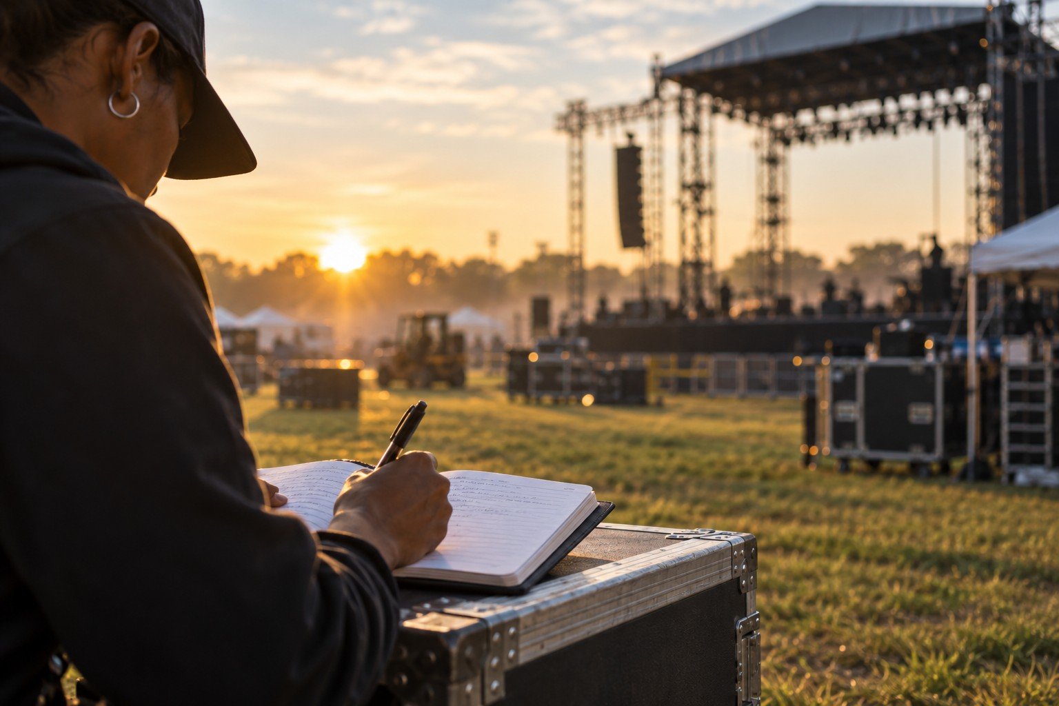 A festival production worker writing notes in a notebook on site in early morning light
